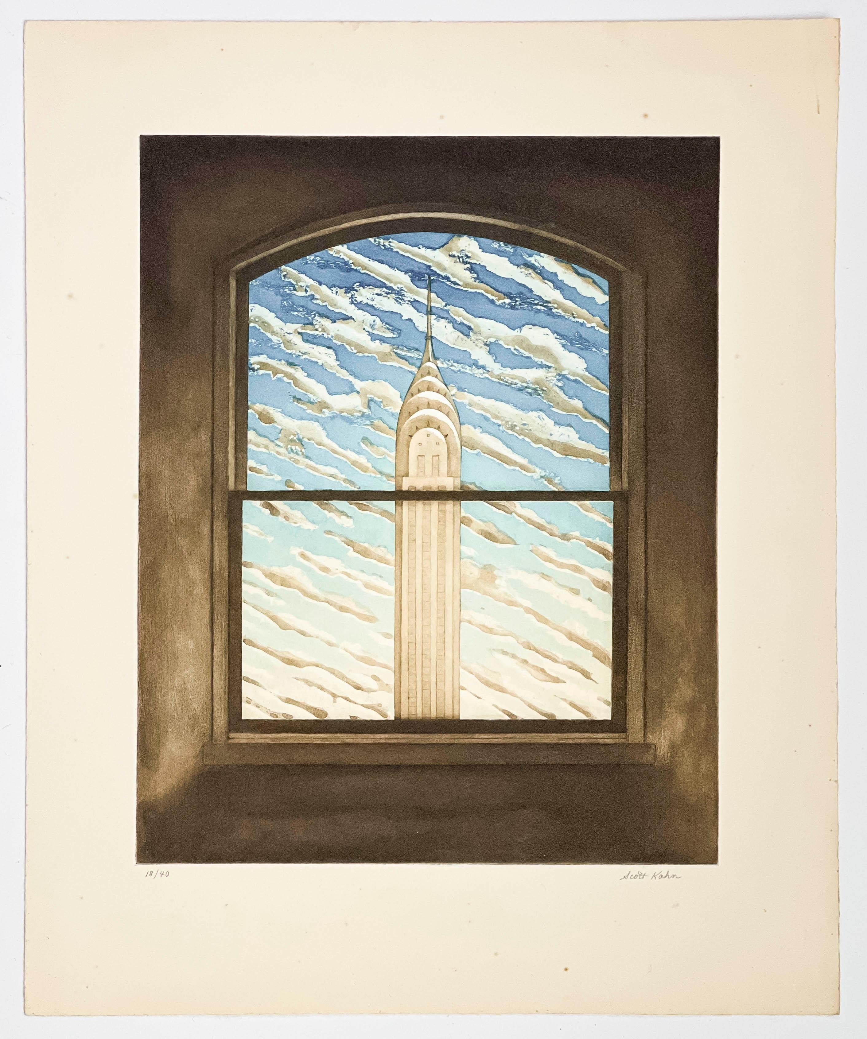 Scott Kahn
Chrysler Building
Signed lower right
Etching and aquatint on paper
Sheet: 21 1/2 x 18 inches
Edition 18/40

Scott Kahn (born 1946 in Springfield, Massachusetts) is an American painter with a long exhibition history, primarily in New York,