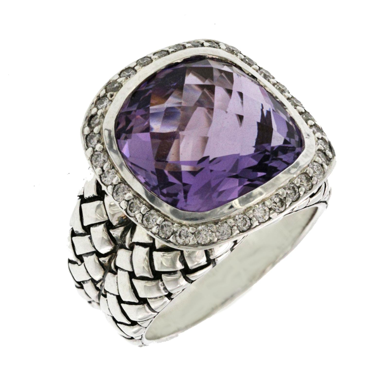 100% Authentic, 100% Customer Satisfaction

Top: 18 mm

Band Width: 6 mm

Metal: 925 Sterlings Silver

Size: 6

Hallmarks:  925 SK

Total Weight: 11.5 Grams

Stone:  Diamonds & Amethyst

Condition: New

Estimated Retail Price: $1500

Stock Number: