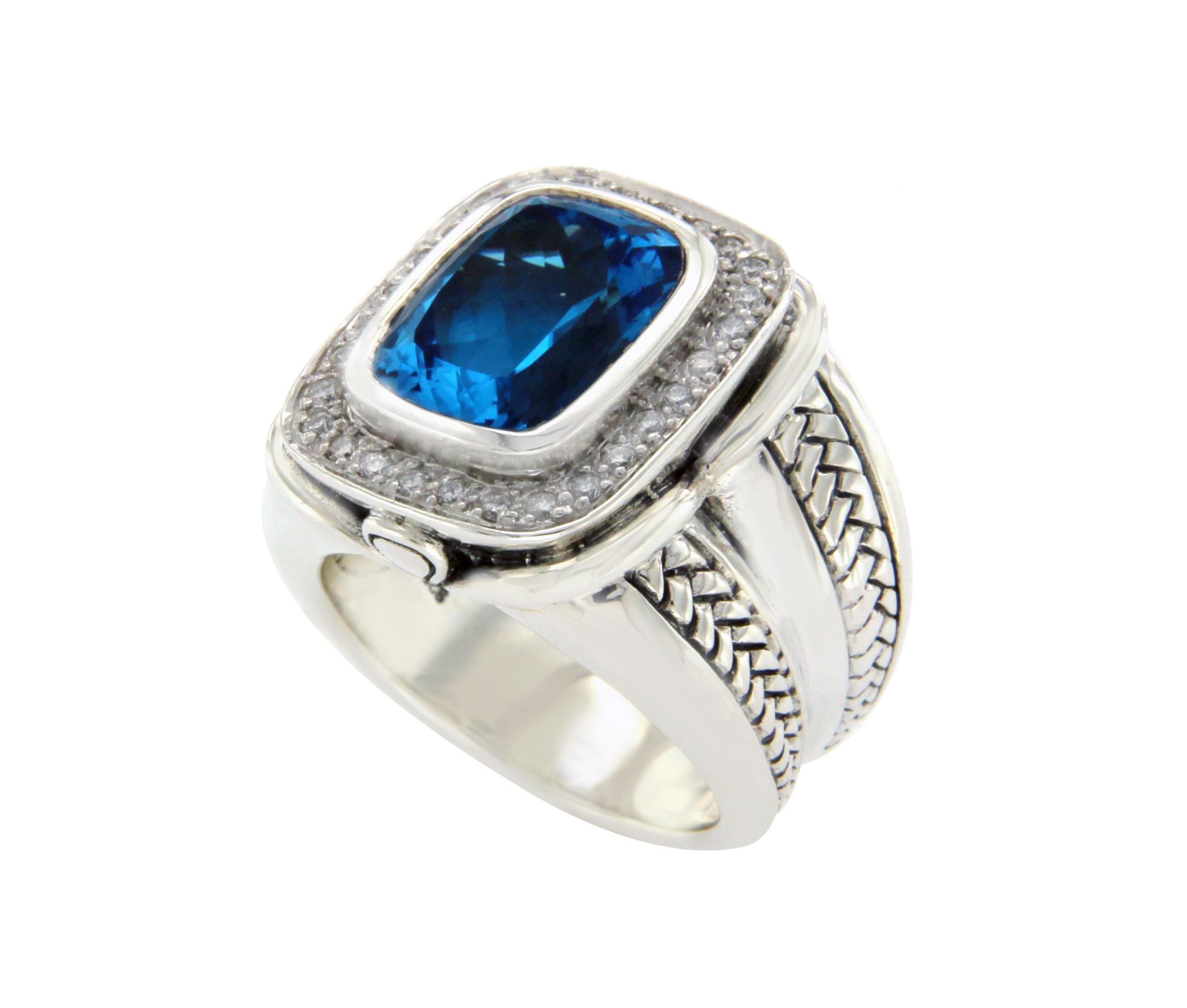 Type: Ring
Top: 19 mm
Size: 6.5
Metal: Sterling Silver
Metal Purity: 925
Hallmarks: S K 925 
Total Weight: 15.5 Gram
Stone Type: Diamonds & Blue Topaz 
Condition: Per Owned
Stock Number: U412