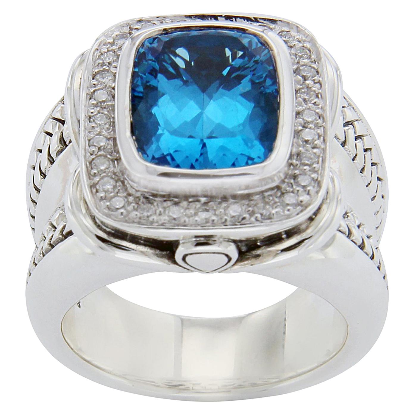 Scott Kay 925 Sterling Silver Diamonds Blue Topaz Ladies Ring