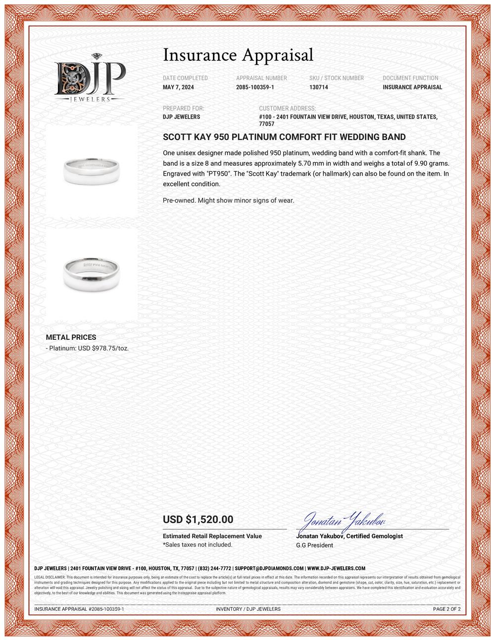 Scott Kay 950 Platinum Comfort Fit Wedding Band For Sale 4
