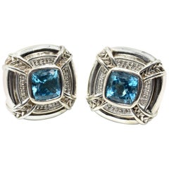 Scott Kay Blue Topaz and Diamond Earrings Sterling Silver