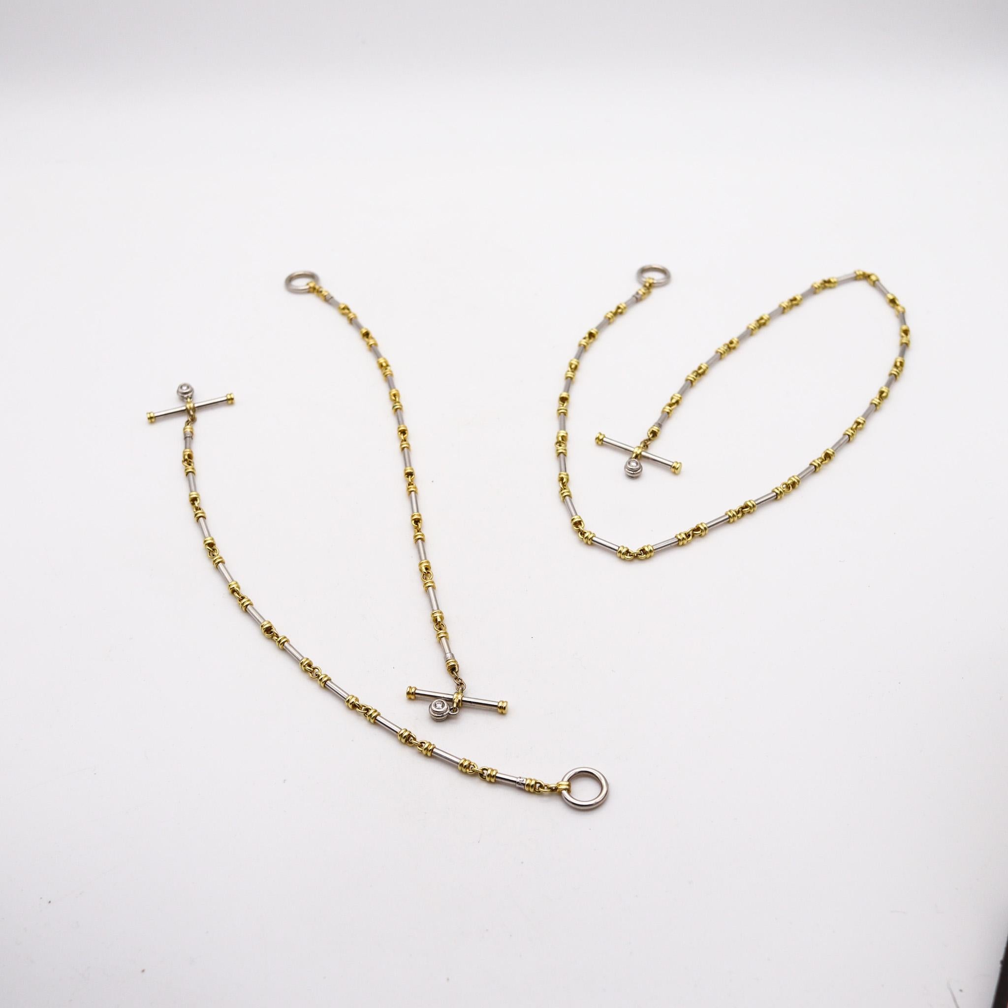 Modernist Scott Kay Convertible Tubular Chain-Bracelets in Platinum 18Kt Gold and Diamonds For Sale