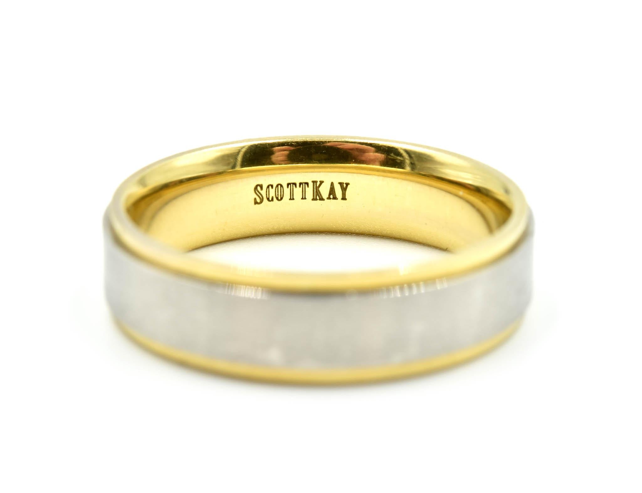 This is a Gent’s Scott Kay wedding band made in a 2-tone design with 19k yellow gold and PD950 palladium. This wedding band from Scott Kay would be a fantastic way to start a happily-ever-after marriage. Band size is 10 and the shank measures 6.01mm