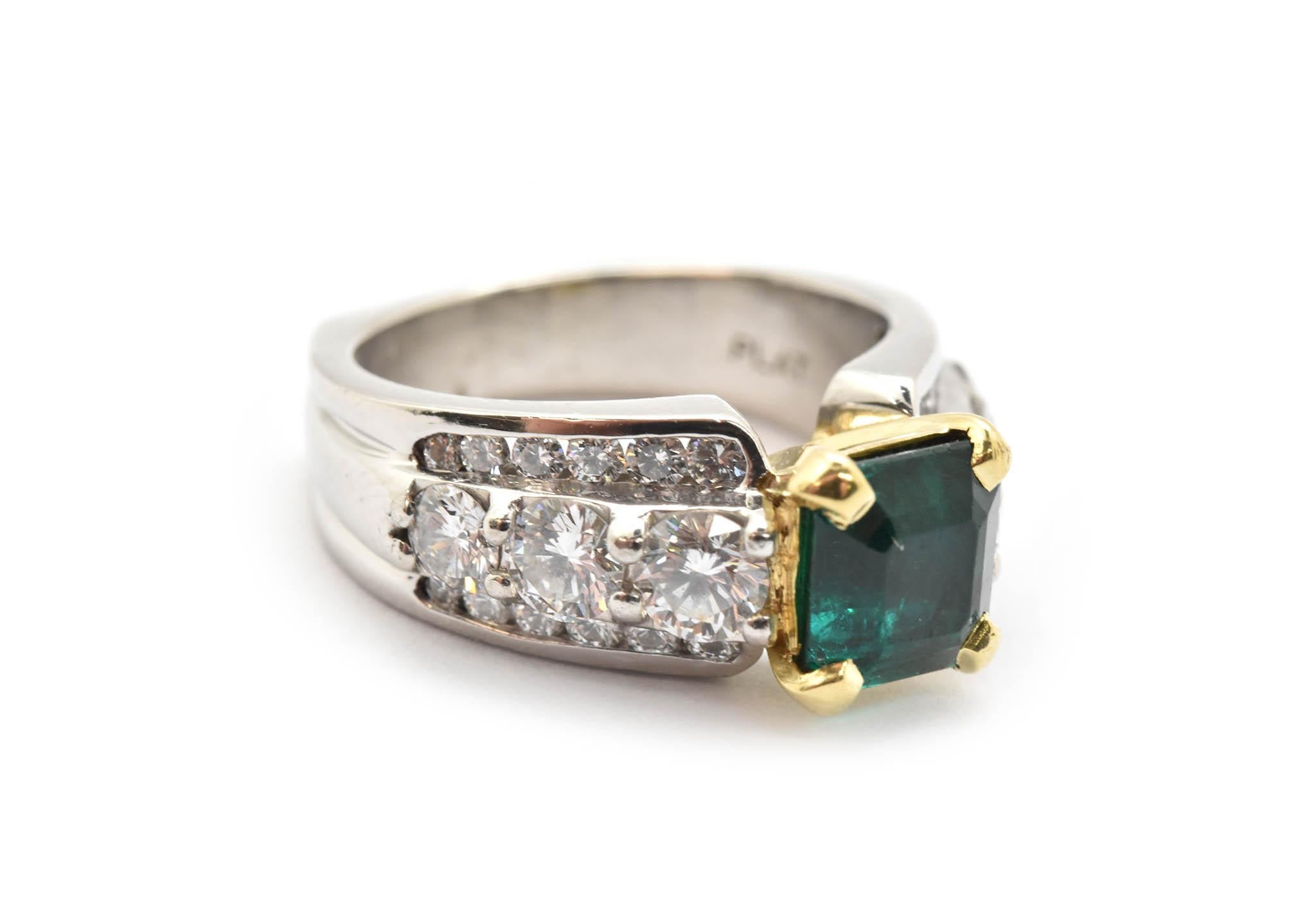 From Scott Kay’s collection, this 1.50 carat emerald and 1.40cttw diamond ring combine the geometric mounting and strong colored emerald to make for a real spectacle! The center square-cut emerald is set with 18k yellow gold stylized prongs. The