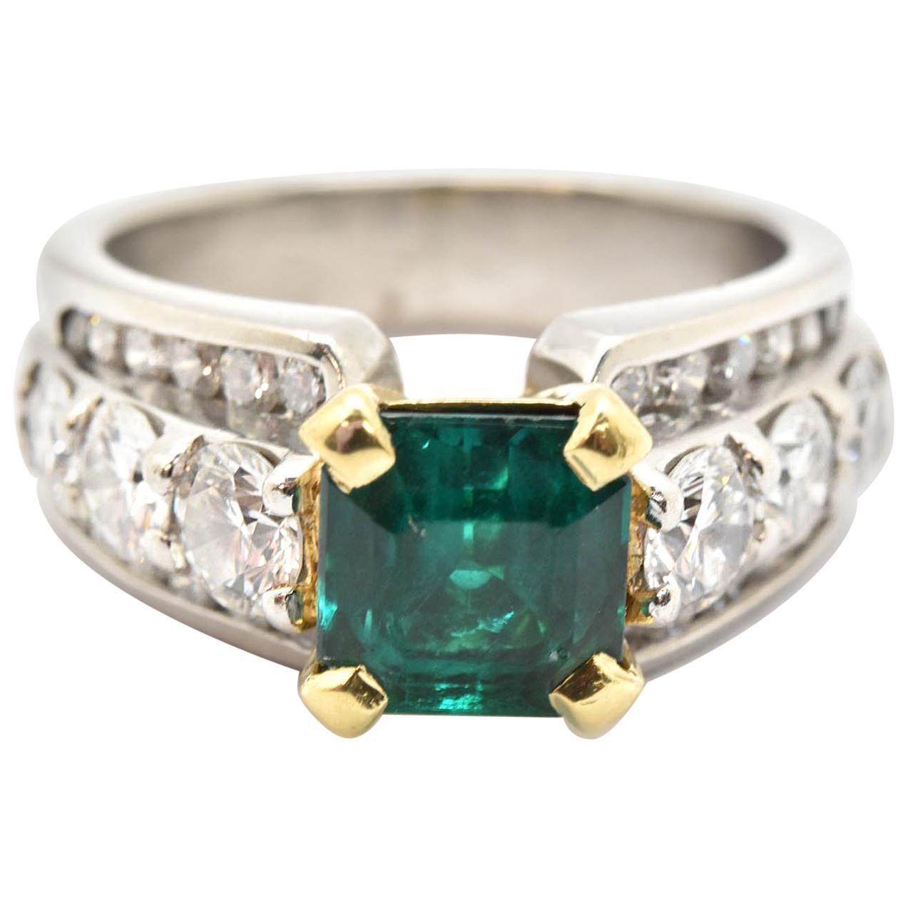 Scott Kay Platinum and 18 Karat Yellow Gold Square-Cut Emerald and Diamond Ring