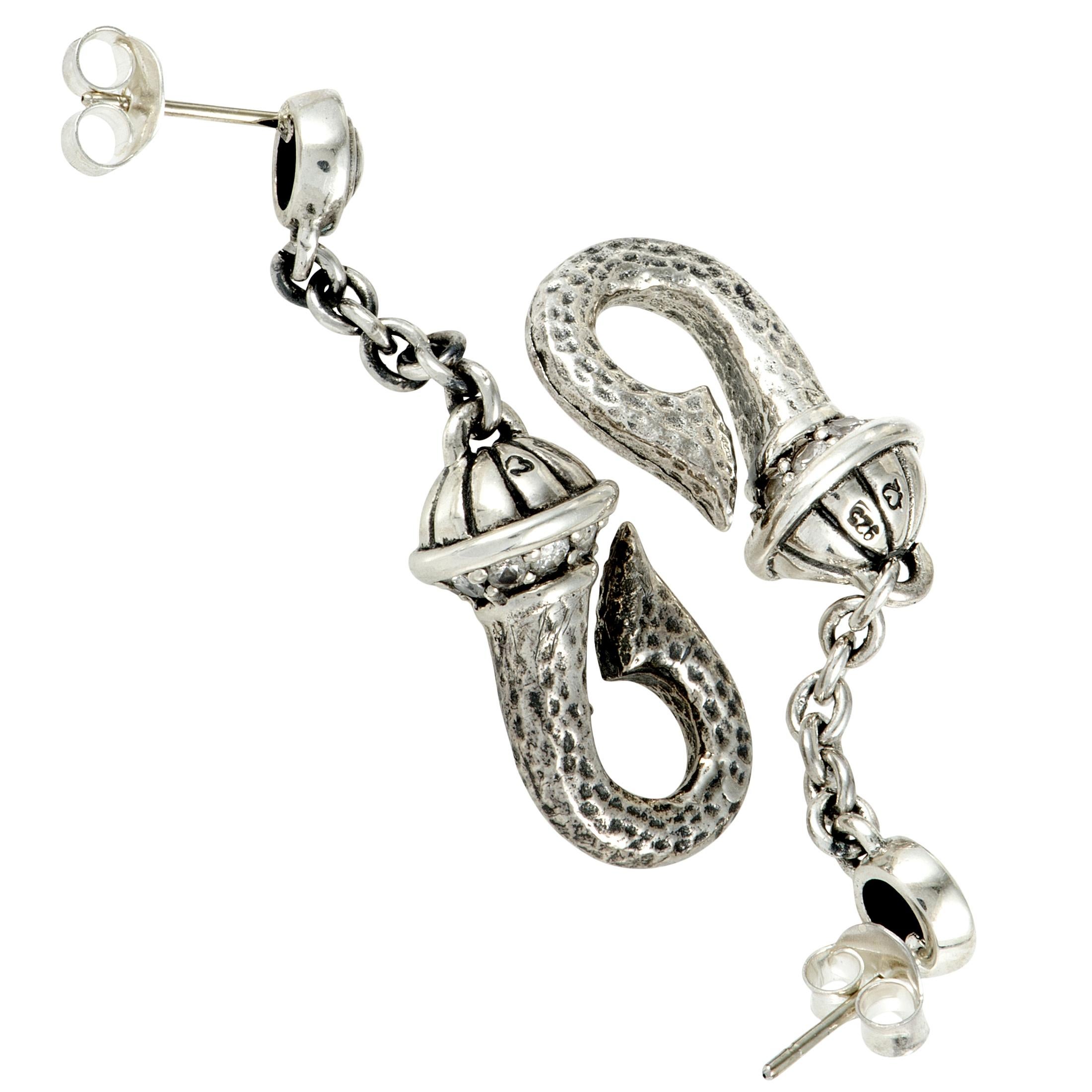 Scott Kay Silver Diamond Dangling Hook Push Back Earrings In New Condition In Southampton, PA