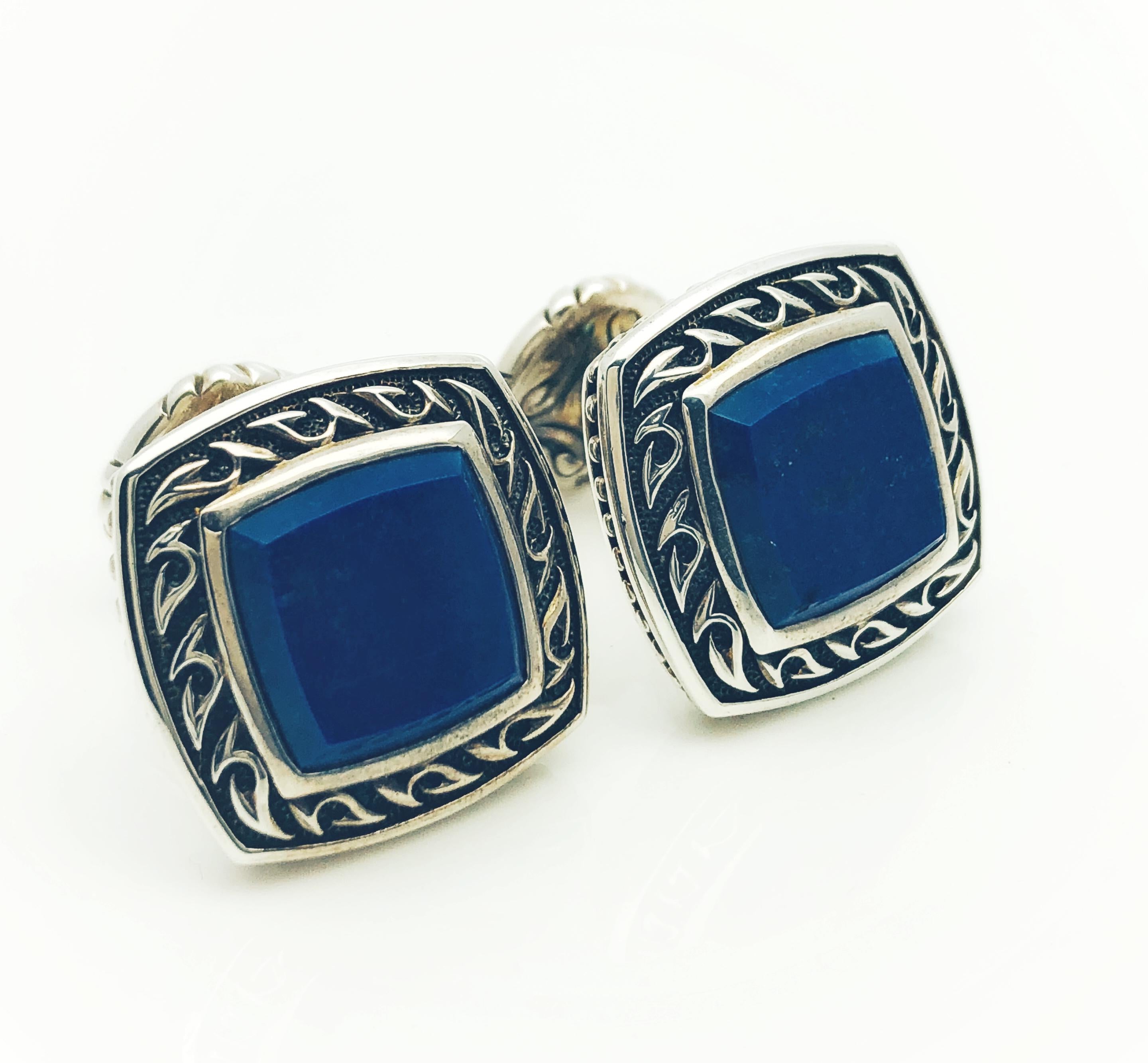 The Detail work on these cufflinks is just amazing! These Scott Kay cufflinks are made in Sterling Silver with each having a stunning blue piece of Lapis Lazuli at the square center. They measure 3/4 inch square and weigh 28 grams.