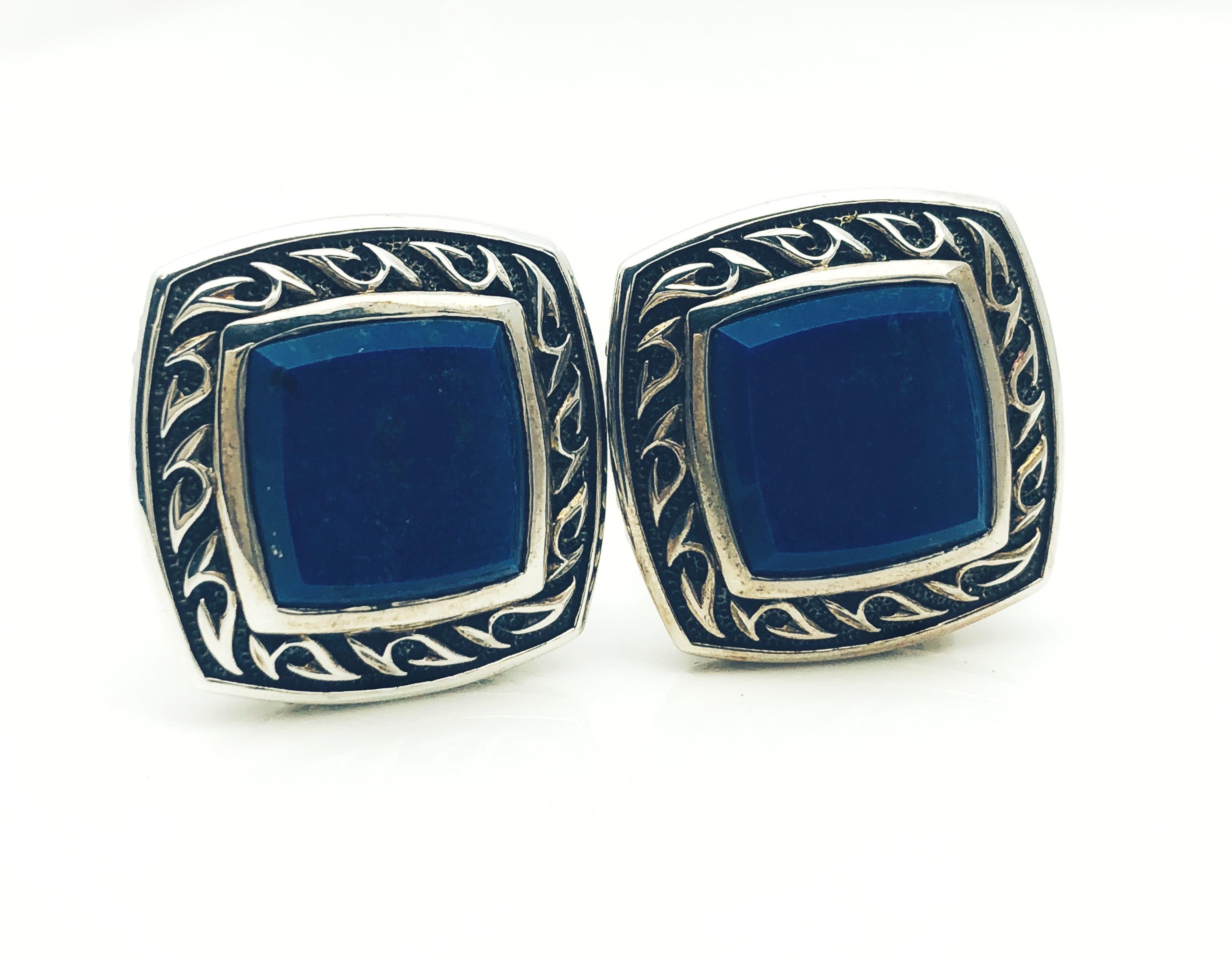 Scott Kay Sterling Silver and Lapis Lazuli Square framed, Engraved Cufflinks 3