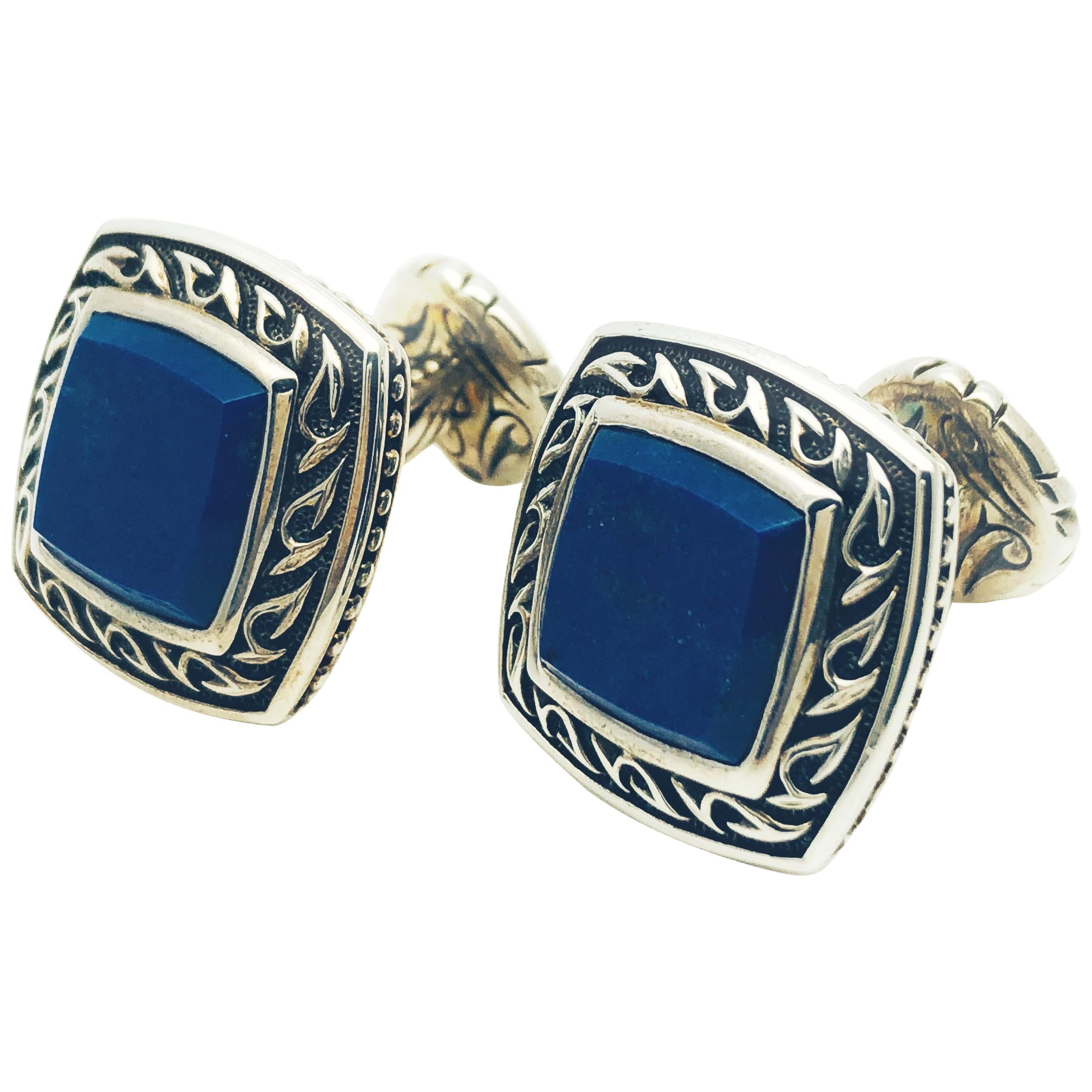 Scott Kay Sterling Silver and Lapis Lazuli Square framed, Engraved Cufflinks
