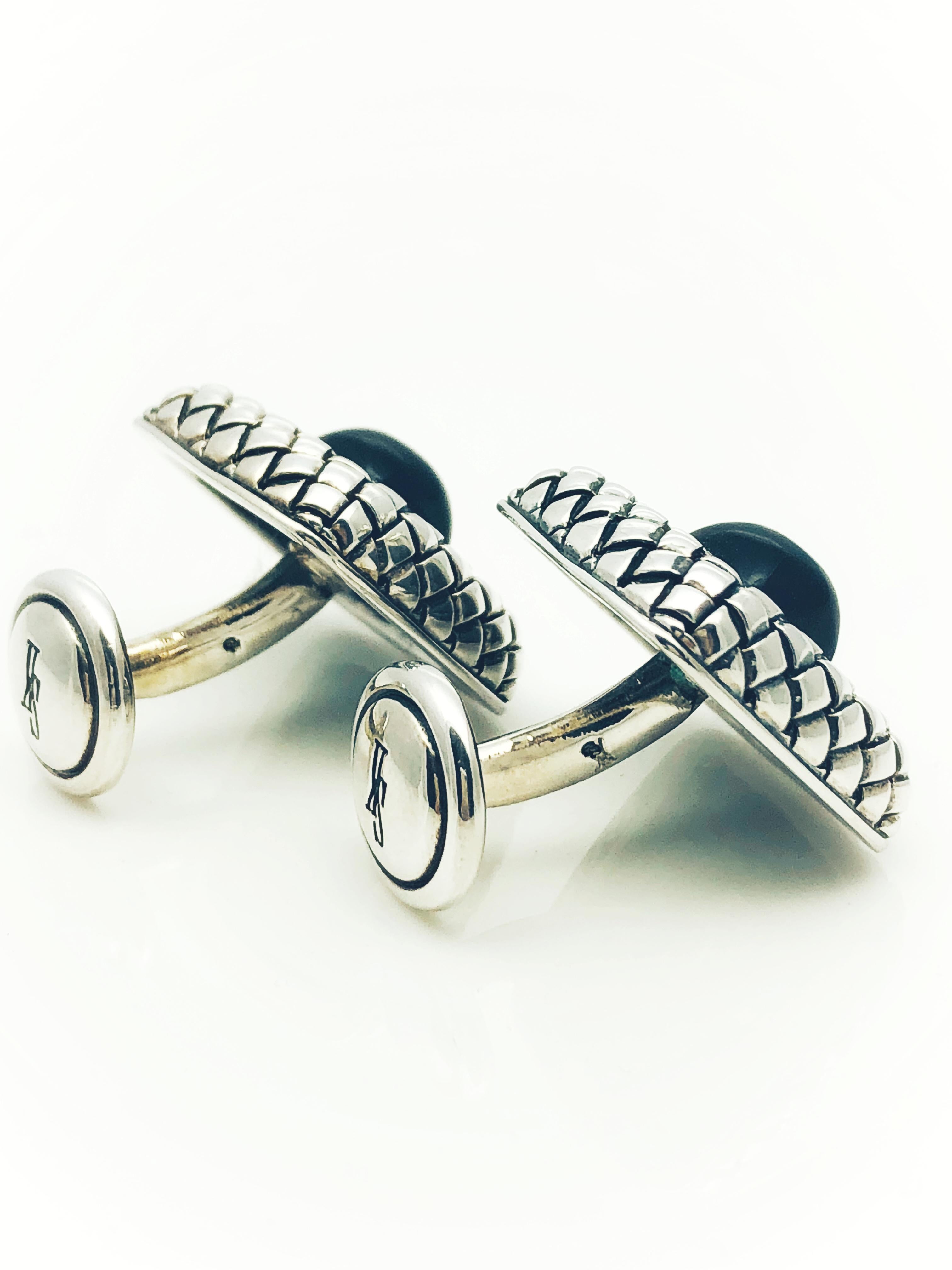 Contemporary Scott Kay Sterling Silver and Onyx Square Framed, Basket Weave Cufflinks