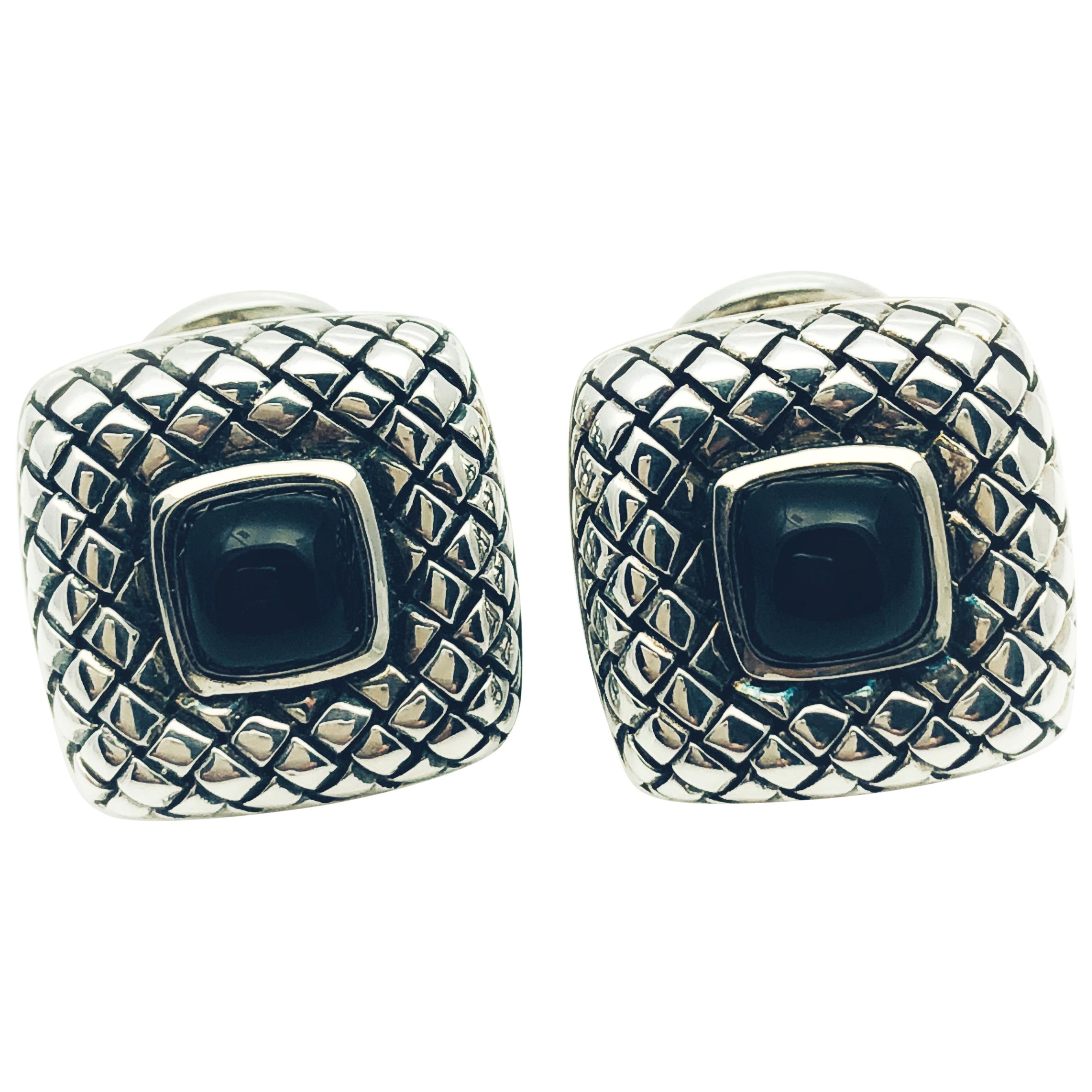 Scott Kay Sterling Silver and Onyx Square Framed, Basket Weave Cufflinks