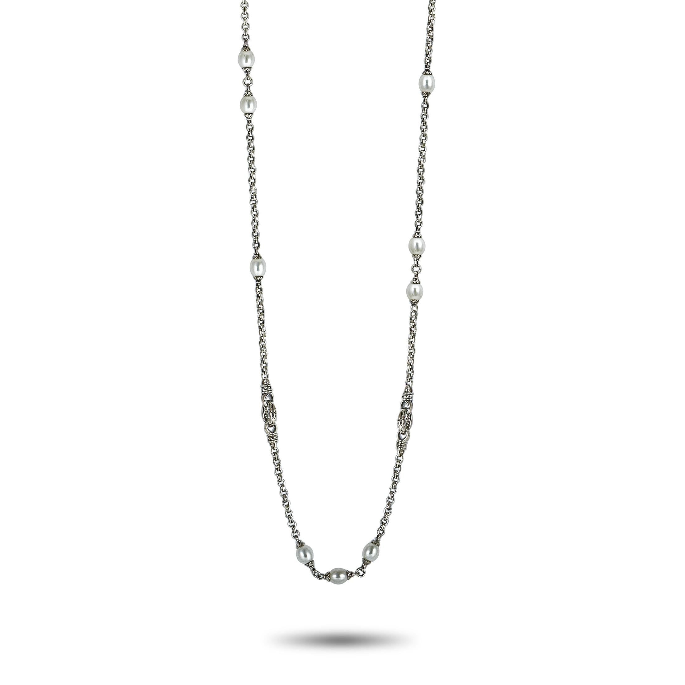 This Scott Kay necklace is crafted from sterling silver and embellished with pearls. The necklace weighs 74.5 grams and measures 48” in length.

Offered in brand new condition, this jewelry piece includes a gift box.