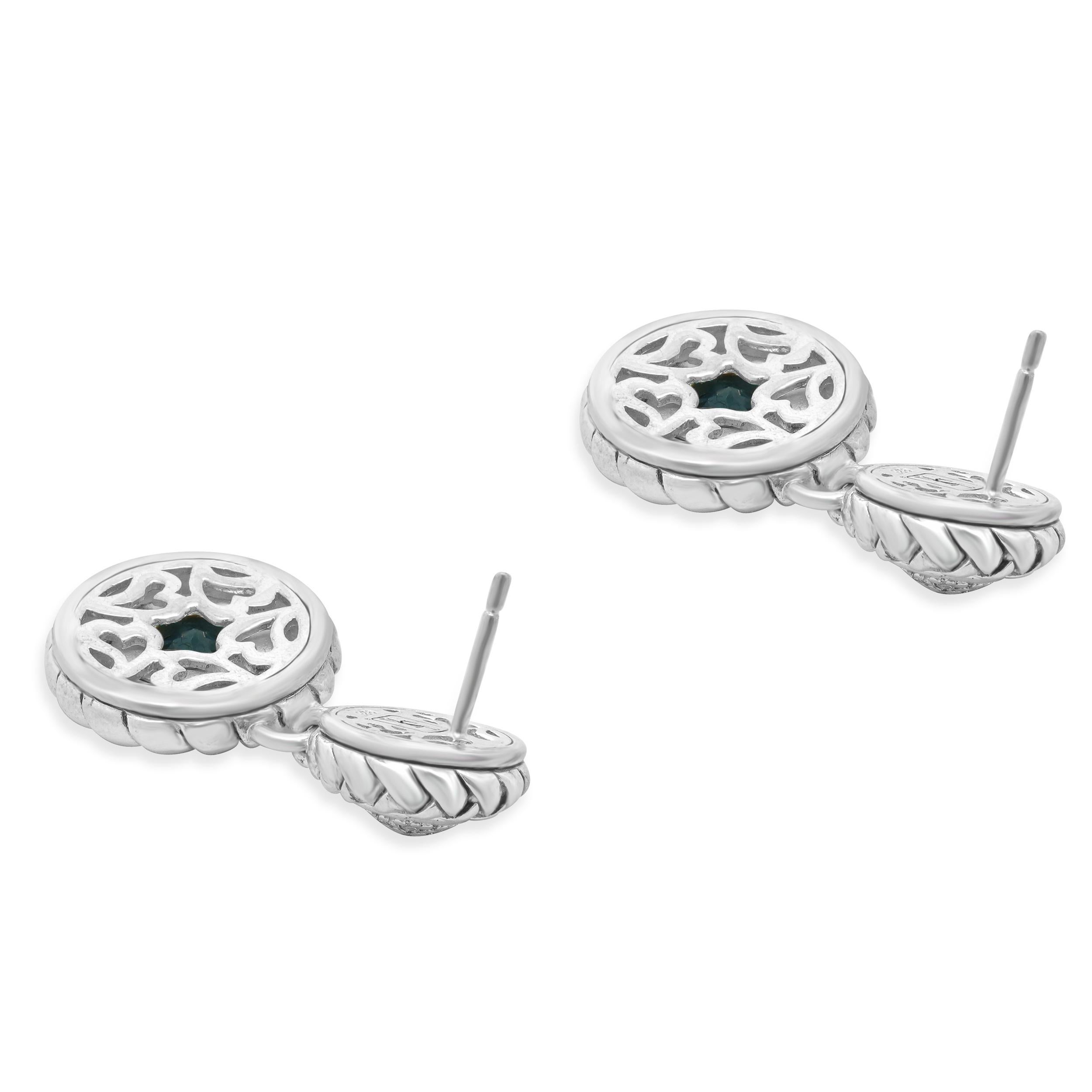 Taglio rotondo Scott Kay Sterling Silver Blue Topaz and Diamond Drop Earrings in vendita