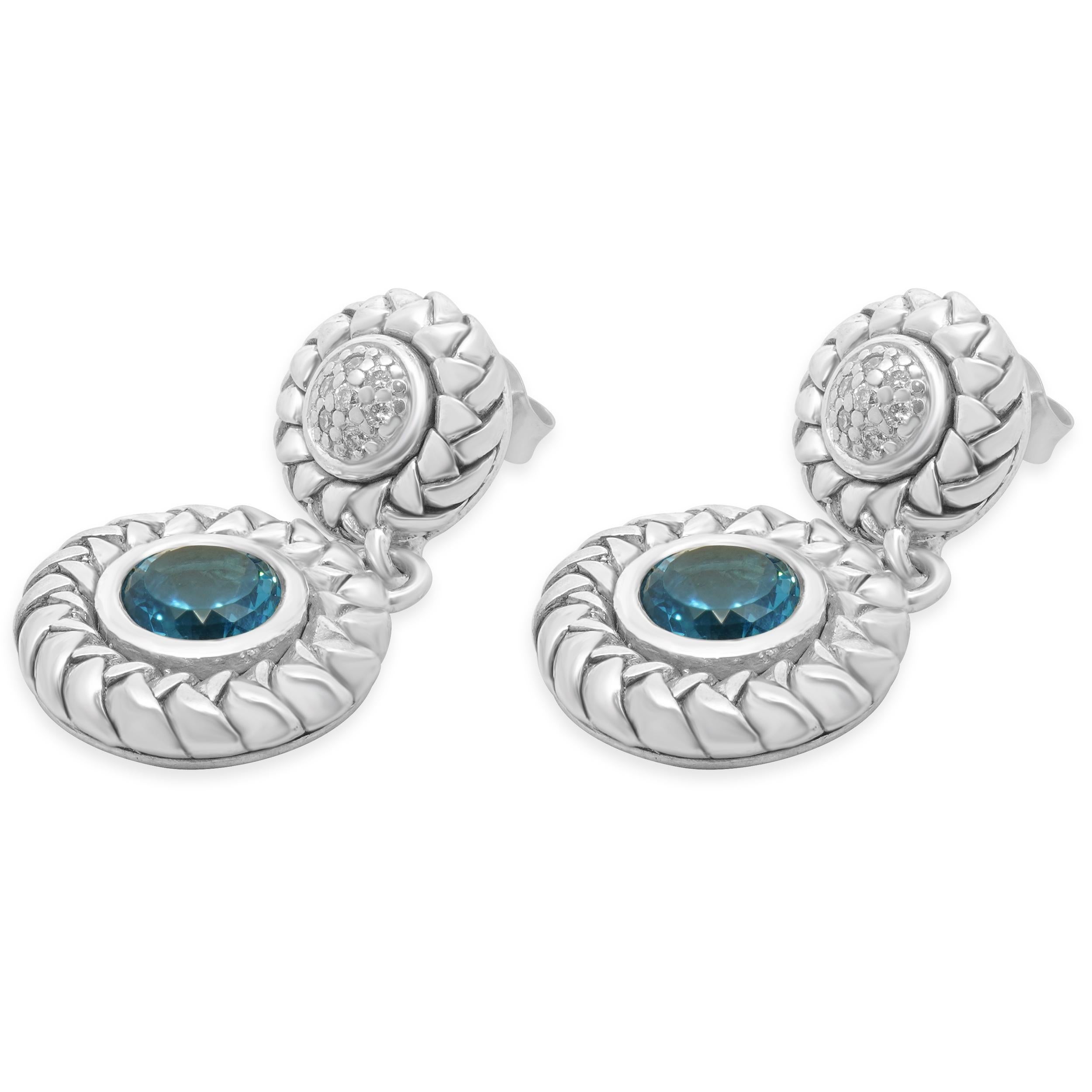 Scott Kay Sterling Silver Blue Topaz and Diamond Drop Earrings In condizioni ottime in vendita a Scottsdale, AZ