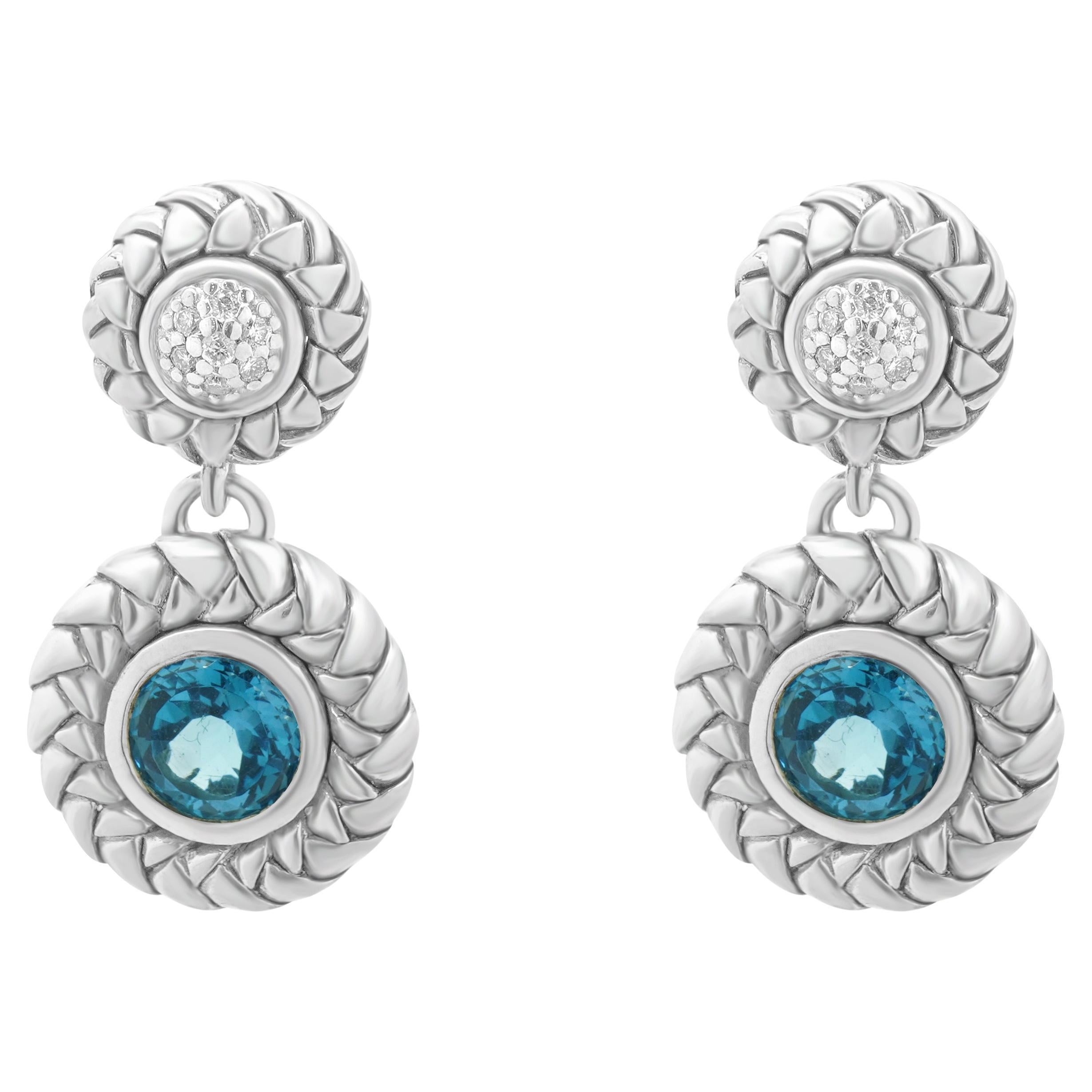 Scott Kay Sterling Silver Blue Topaz and Diamond Drop Earrings in vendita