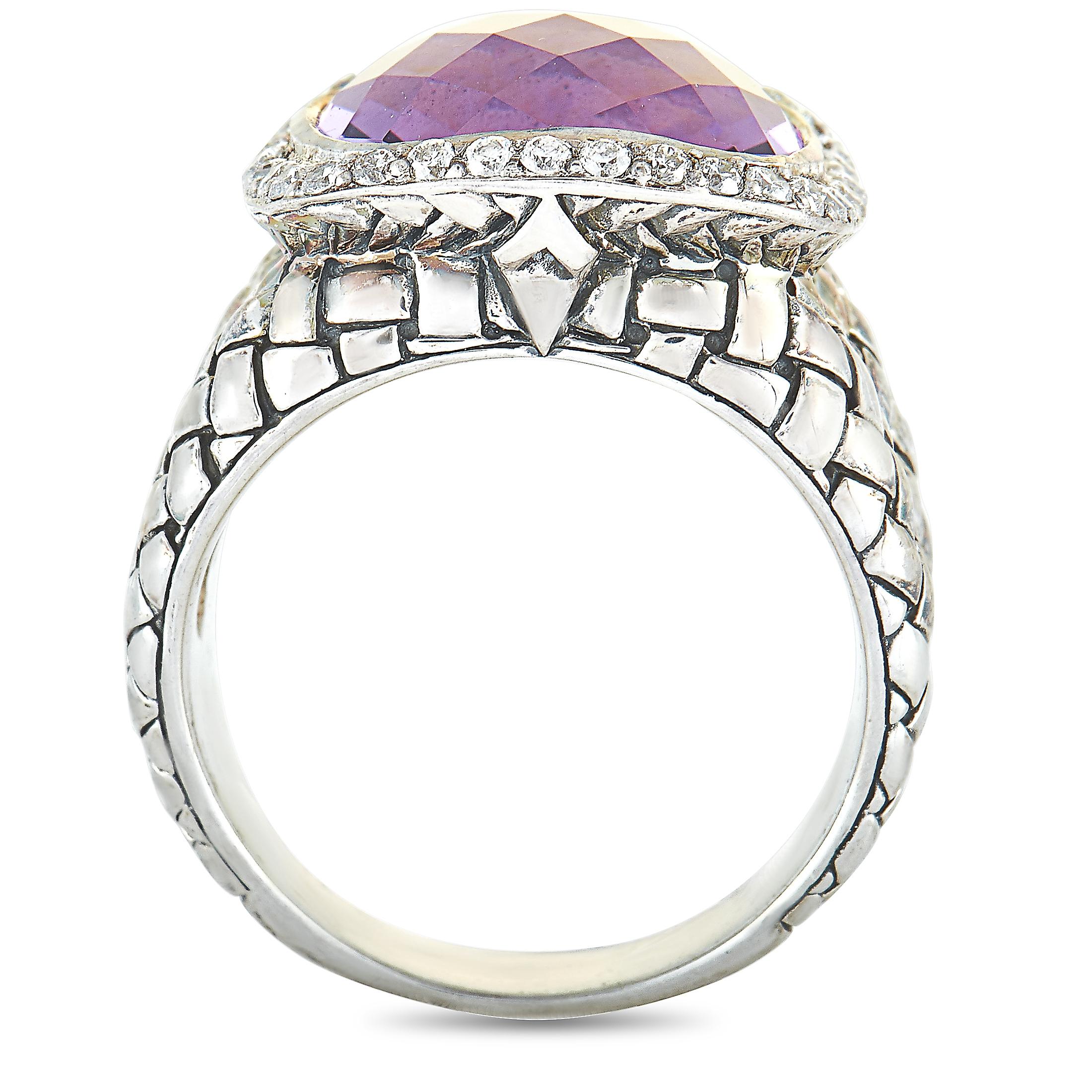 This Scott Kay ring is crafted from sterling silver and weighs 12.1 grams, boasting band thickness of 5 mm and top height of 7 mm, while top dimensions measure 17 by 17 mm. The ring is set with an amethyst and a total of 0.44 carats of