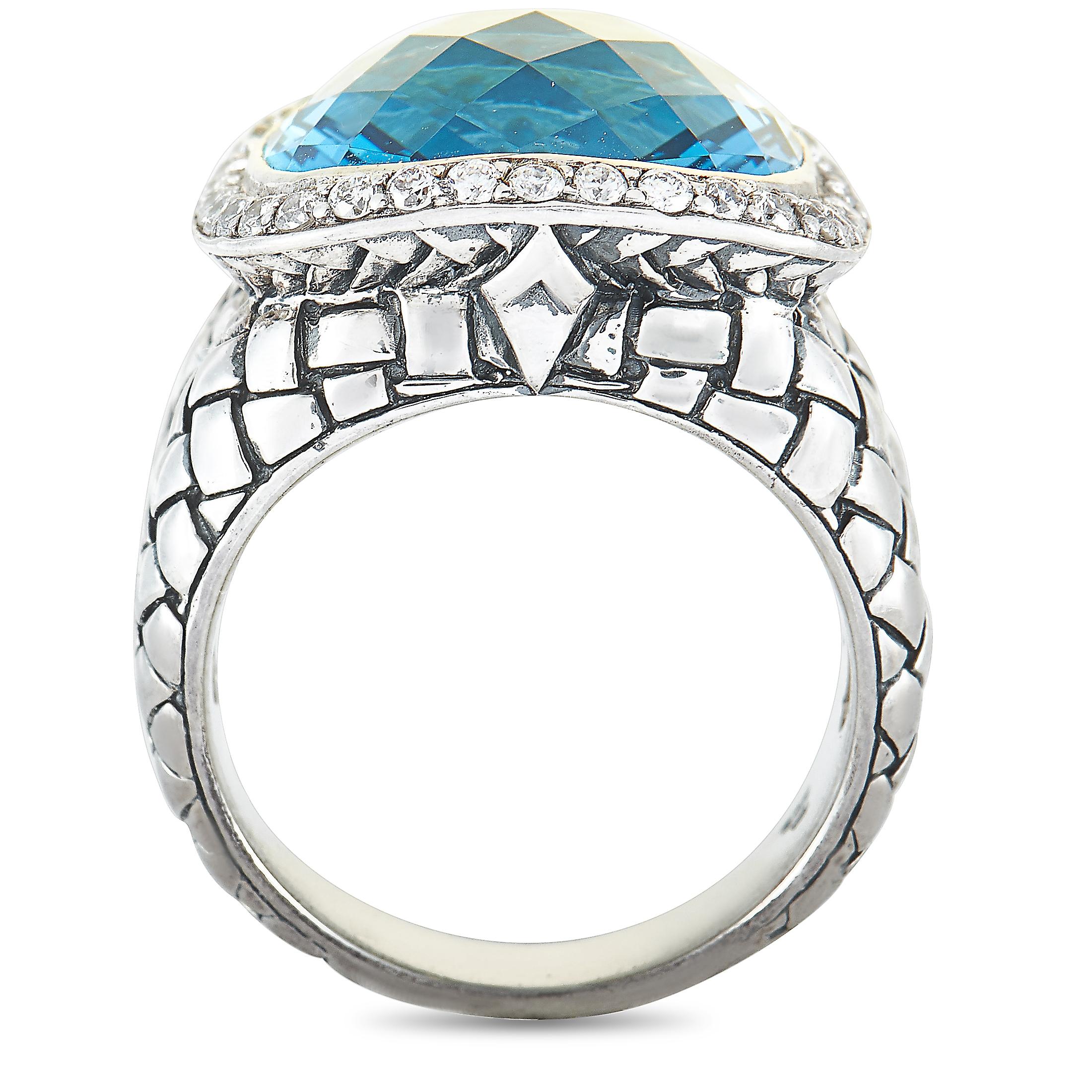This Scott Kay ring is crafted from sterling silver and weighs 12.6 grams, boasting band thickness of 5 mm and top height of 10 mm, while top dimensions measure 17 by 17 mm. The ring is set with a blue topaz and a total of 0.44 carats of