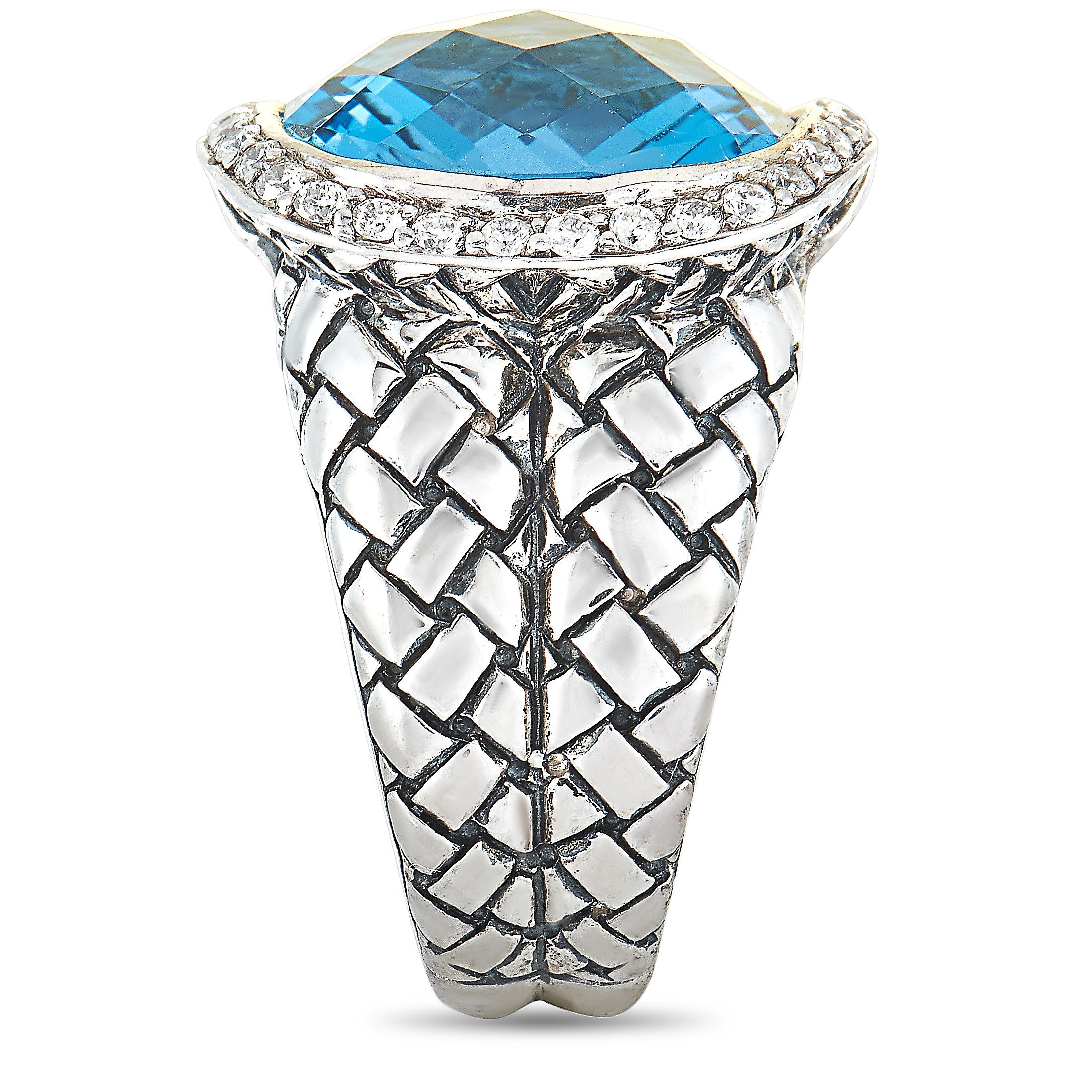 Mixed Cut Scott Kay Sterling Silver Diamond and Blue Topaz Large Dome Ring For Sale