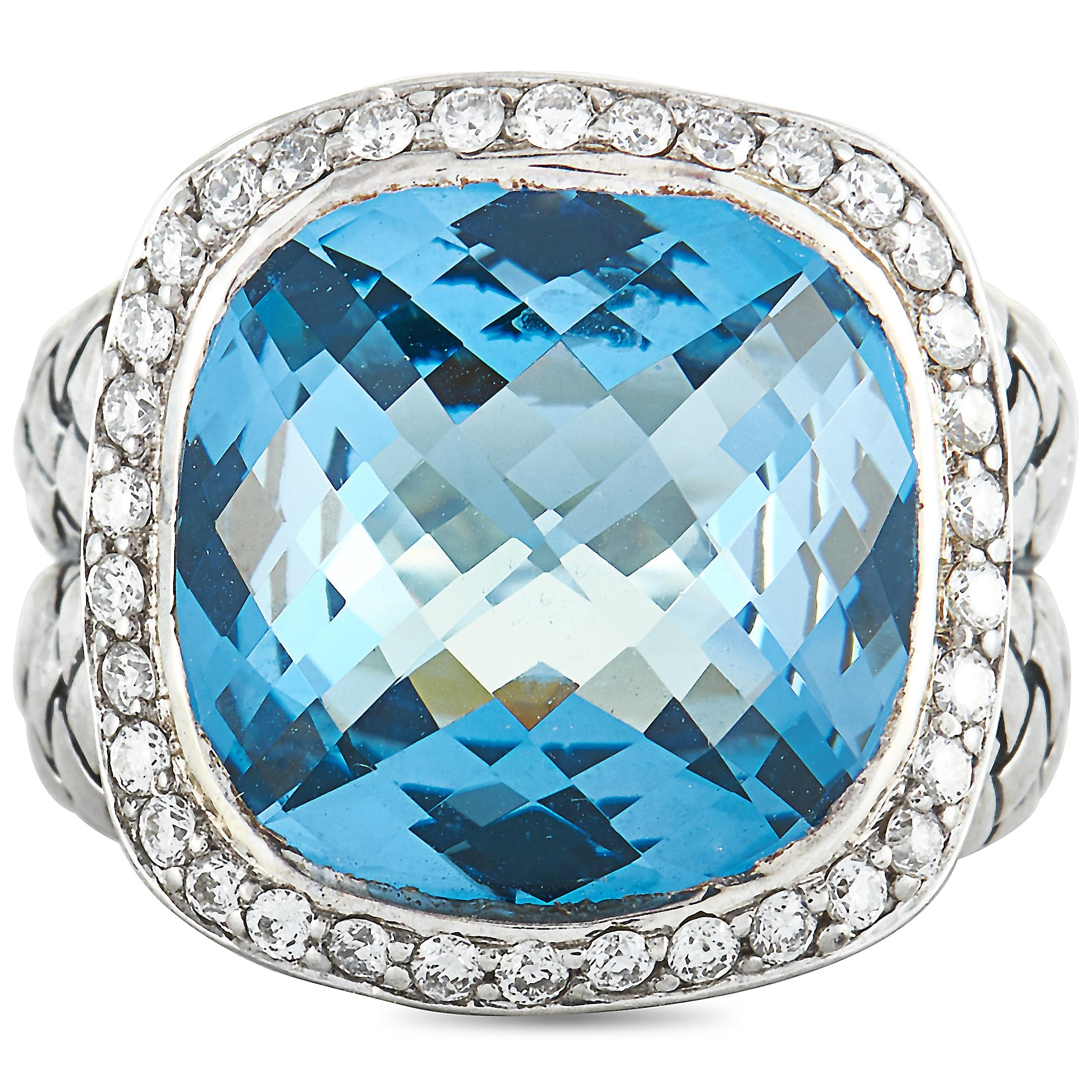Women's Scott Kay Sterling Silver Diamond and Blue Topaz Large Dome Ring For Sale