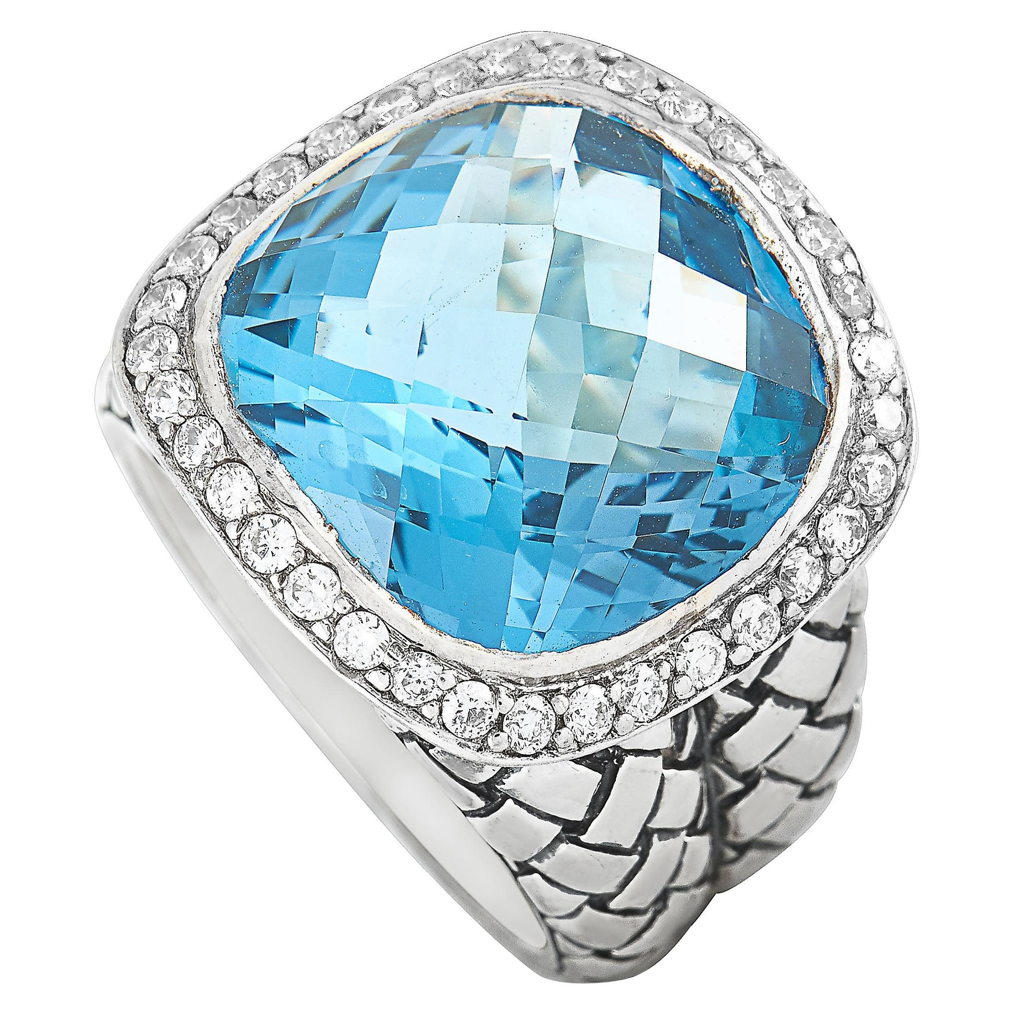 Scott Kay Sterling Silver Diamond and Blue Topaz Large Dome Ring