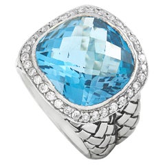 Scott Kay Sterling Silver Diamond and Blue Topaz Large Dome Ring