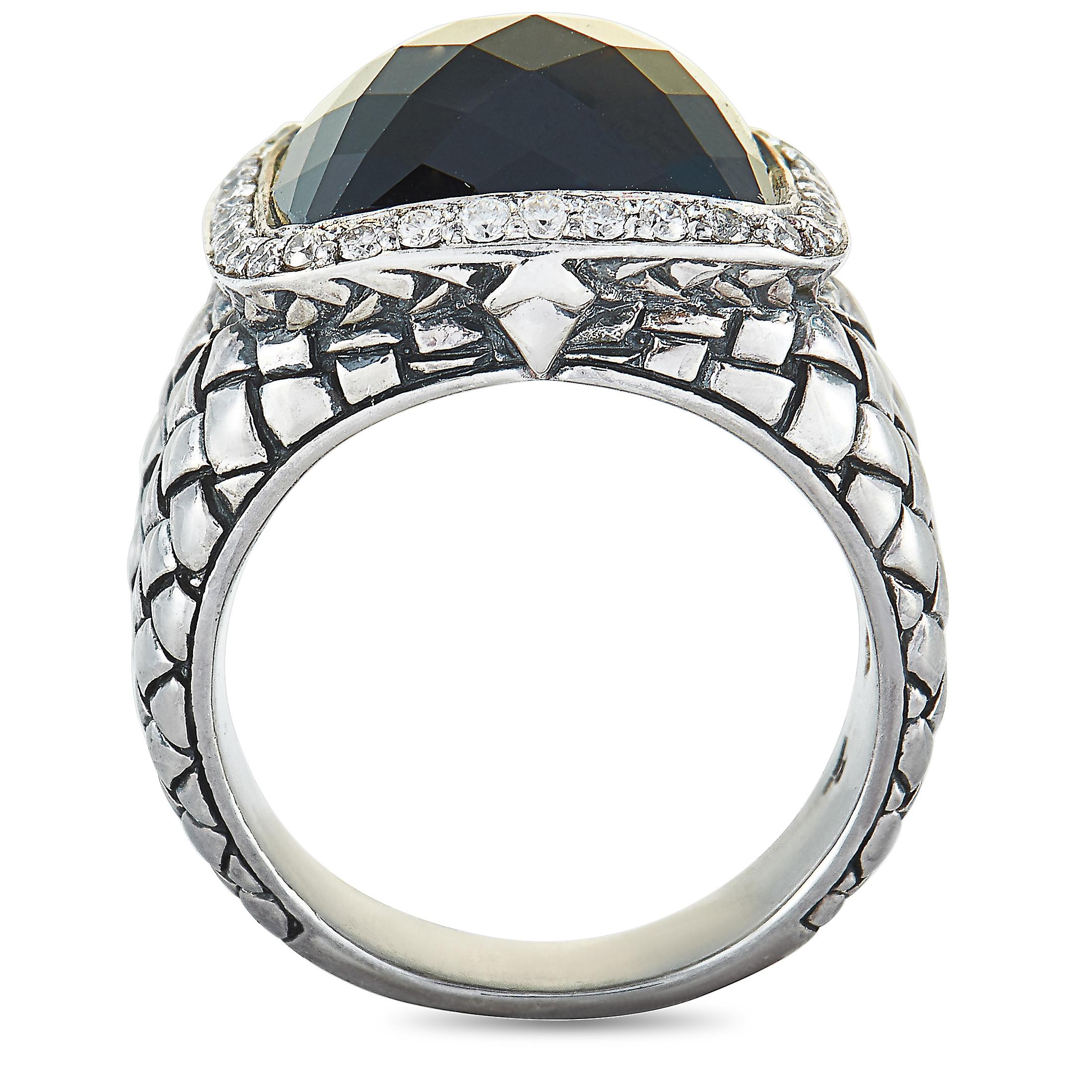 This Scott Kay ring is crafted from sterling silver and weighs 14 grams, boasting band thickness of 5 mm and top height of 9 mm, while top dimensions measure 17 by 17 mm. The ring is set with diamonds and an onyx.

Offered in brand new condition,