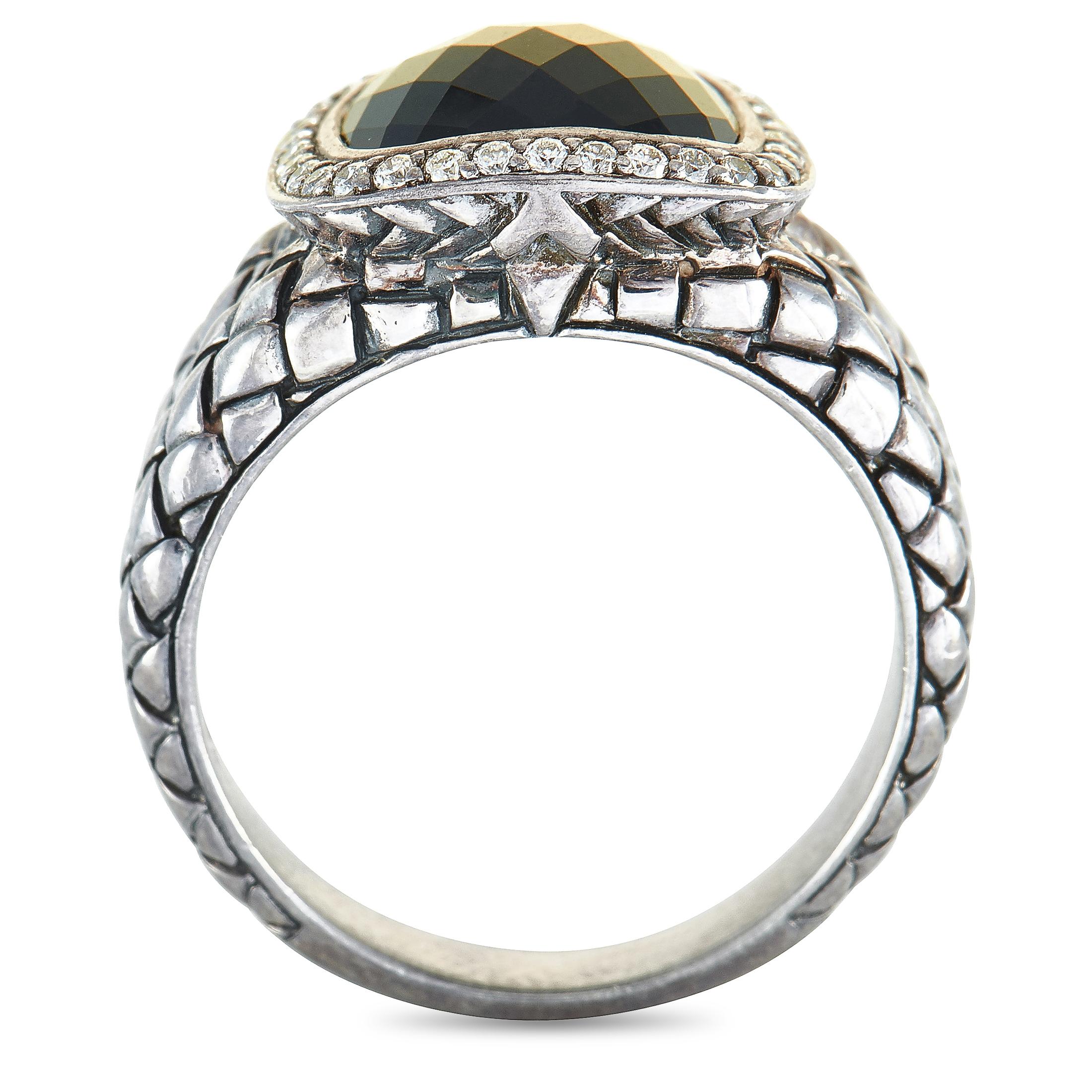 This Scott Kay ring is crafted from sterling silver and weighs 7.2 grams, boasting band thickness of 3 mm and top height of 7 mm, while top dimensions measure 13 by 13 mm. The ring is set with diamonds and an onyx.

Offered in brand new condition,