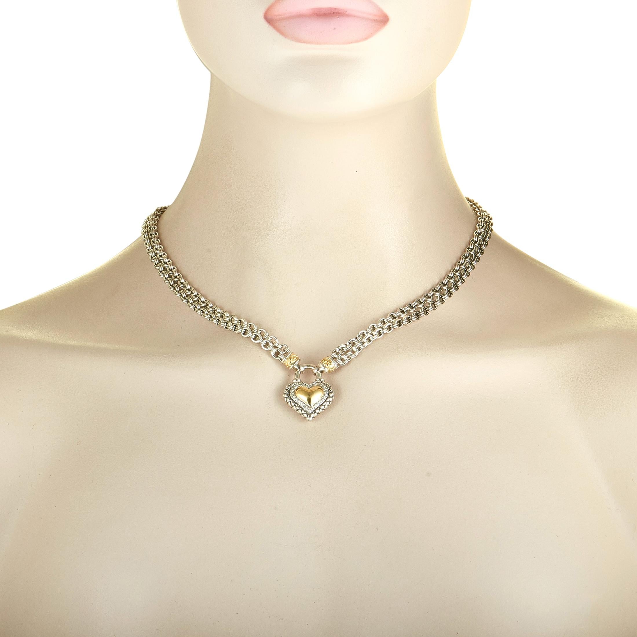 This Scott Kay necklace is made out of sterling silver and diamonds that amount to 0.15 carats. The necklace weighs 54.5 grams and measures 16” in length, boasting a 1” by 0.75” heart pendant.

Offered in brand new condition, this jewelry piece