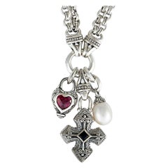 Scott Kay Sterling Silver Onyx, Pearl and Rhodolite Heart Cross Pendant Necklace