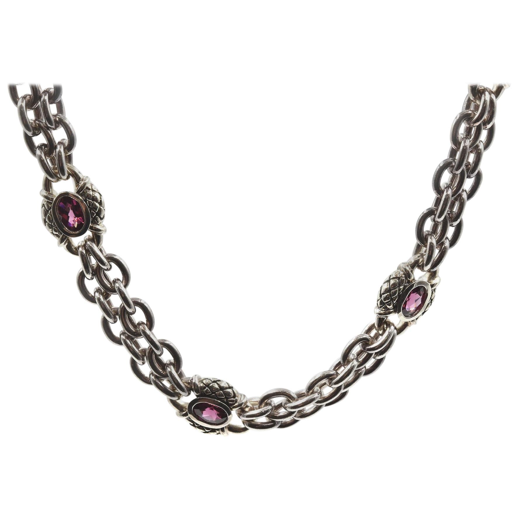 Scott Kay Sterling Silver Rhodolite Garnet and 18 Karat Gold Clasp Necklace For Sale