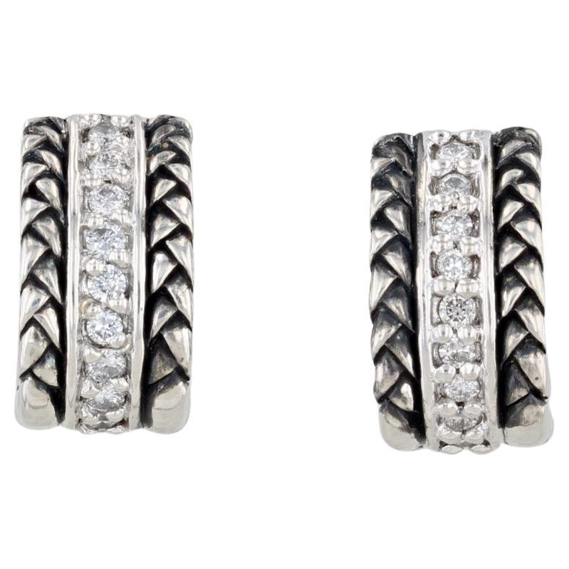 Scott Kay Weave 0.36ctw Diamond Hoop Huggie Earrings Sterling Silver Snap Top For Sale