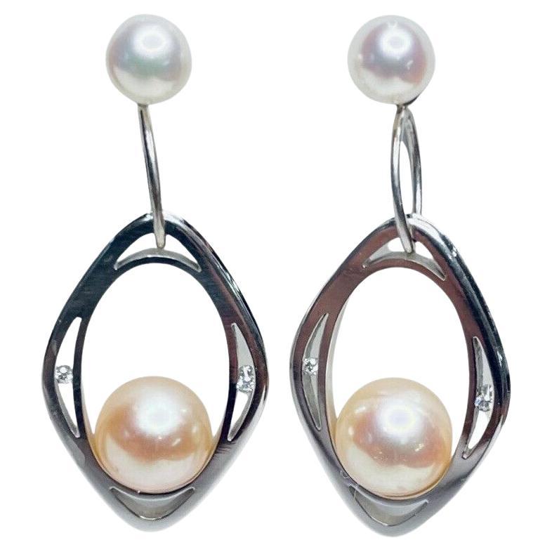 Scott Keating "Oval Viewpoint" 18K White Gold Diamond Pearl Earrings For Sale
