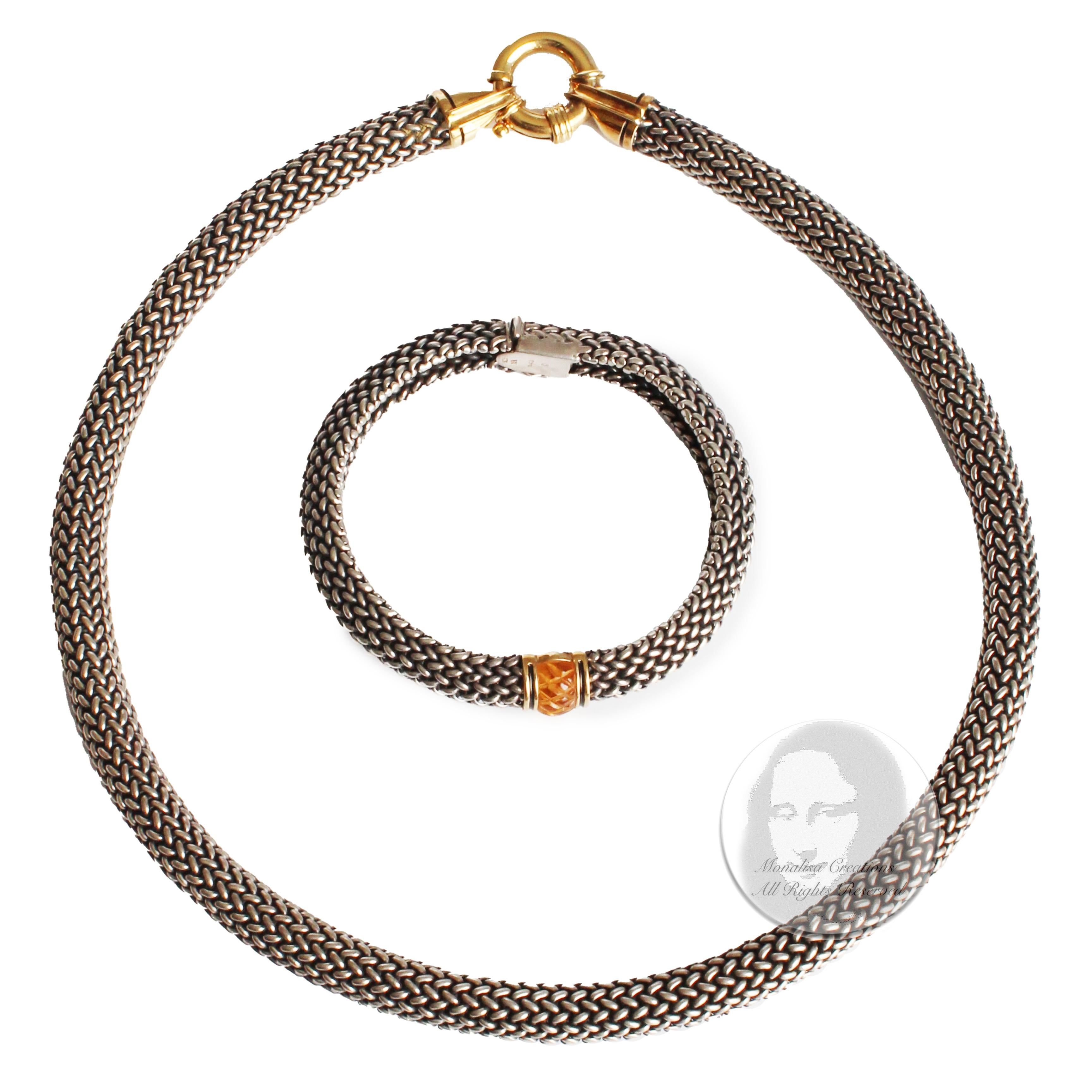 This incredible sterling silver and 18k gold mesh choker and citrine bracelet set was crafted by Scott Keating Jewelry, out of Colorado, most likely in the early 2000s. 

Both pieces in this set are made from a wonderful handwoven sterling mesh and