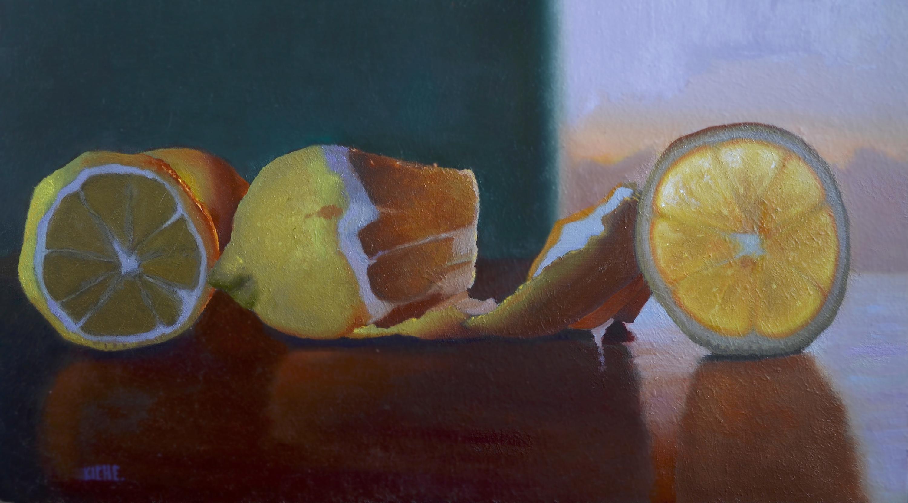 Summer Lemons by Evening Window, 9x 16 oil on copper, American Realist, Framed - Painting by Scott Kiche