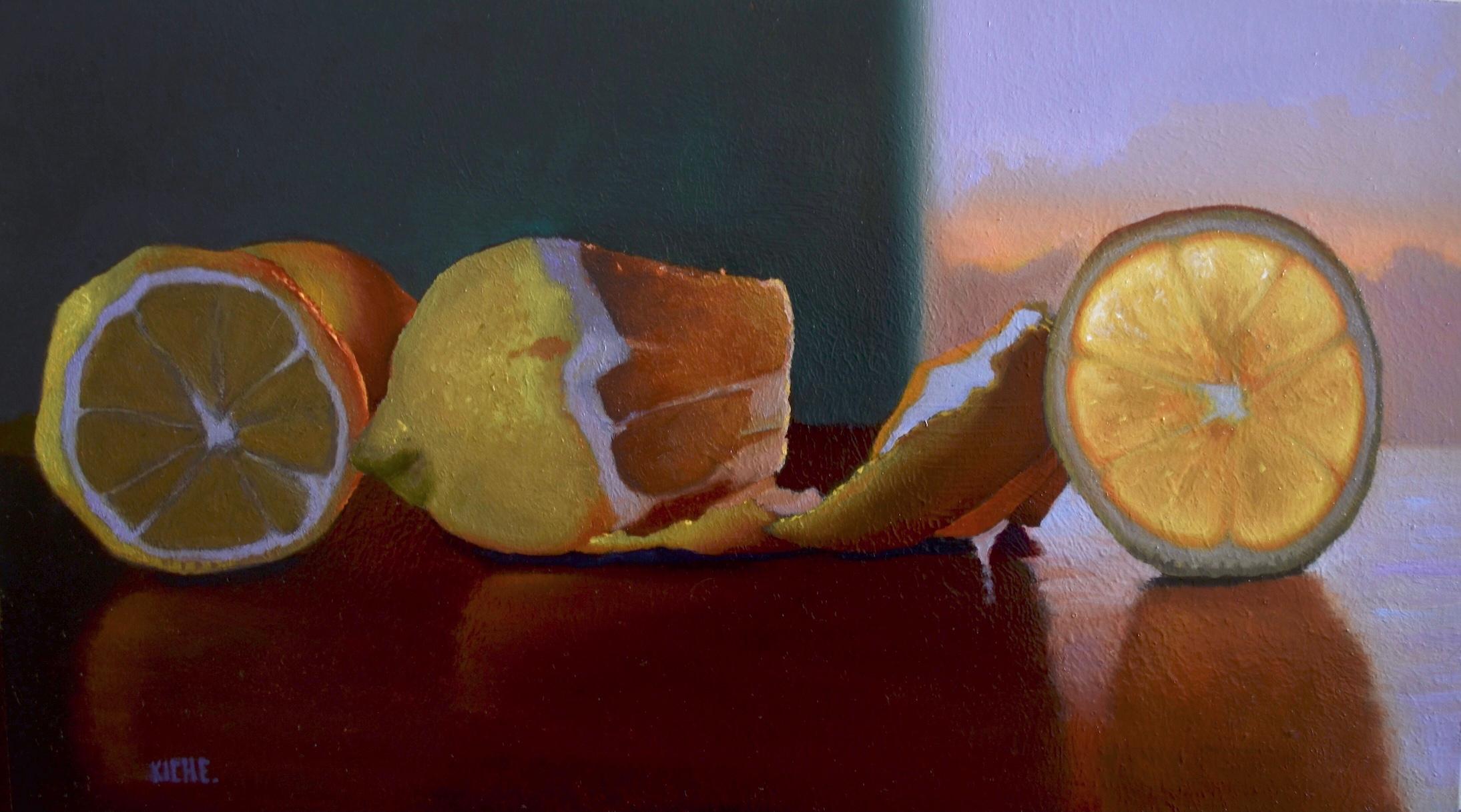 Summer Lemons by Evening Window, 9x 16 oil on copper, American Realist, Framed - Black Still-Life Painting by Scott Kiche