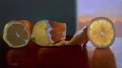 Summer Lemons by Evening Window, 9x 16 oil on copper, American Realist, Framed