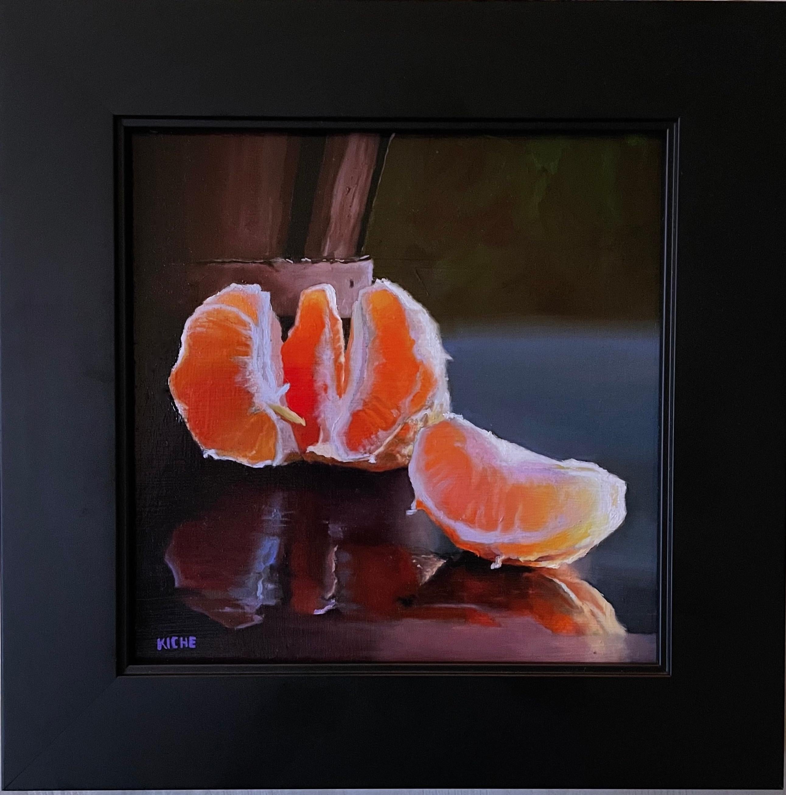 Scott Kiche Still-Life Painting - Cut Orange, Oil on Birch Wood, American Realist, Framed, Realism,  8 x 8