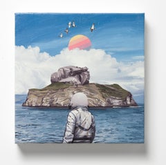 "L'île au visage", paysage marin surréaliste avec un astronaute et une île en forme de visage