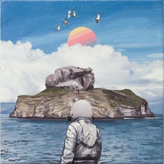 "L'île au visage", paysage marin surréaliste avec un astronaute et une île en forme de visage