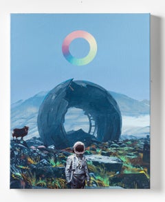 "Tunnel", paysage de montagne de science-fiction avec astronaute, chèvre et tunnel circulaire