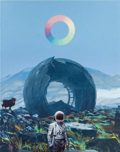 "Tunnel", Sci-Fi Mountain Landscape with Astronaut, Goat, and Circular Tunnel