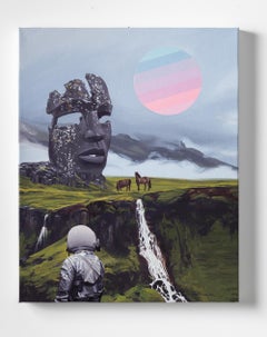 "Two Horses", Surreal Landscape with Astronaut, Giant Stone Head, and Two Horses