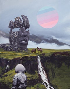 "Two Horses", Surreal Landscape with Astronaut, Giant Stone Head, and Two Horses