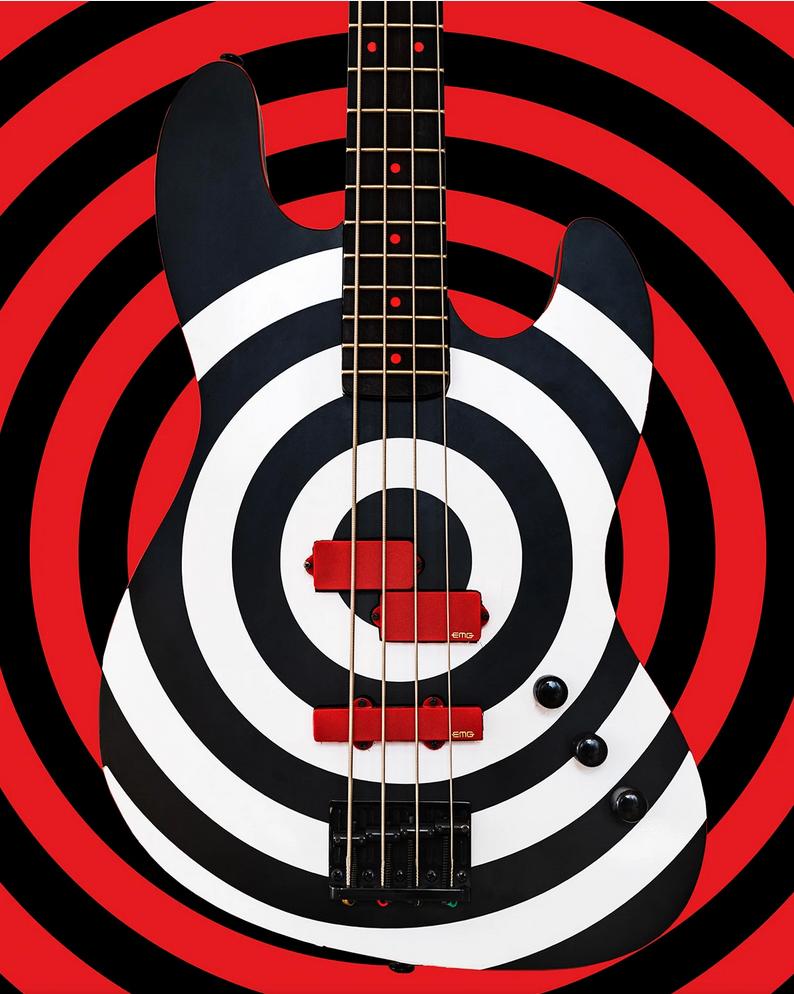 Scott McDermott Color Photograph – Bass Rings for Music Lovers - Bright, Pop, Optic Red, Black & White Guitar
