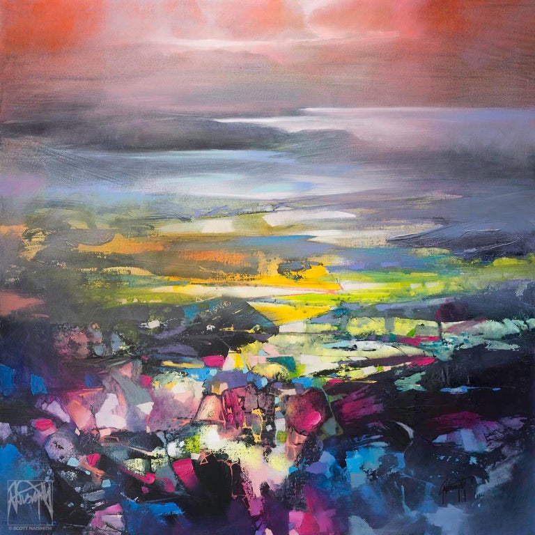 Scott Naismith Abstract Painting - Clearing Mist, Scottish colourist, large abstract landscape of mountains 
