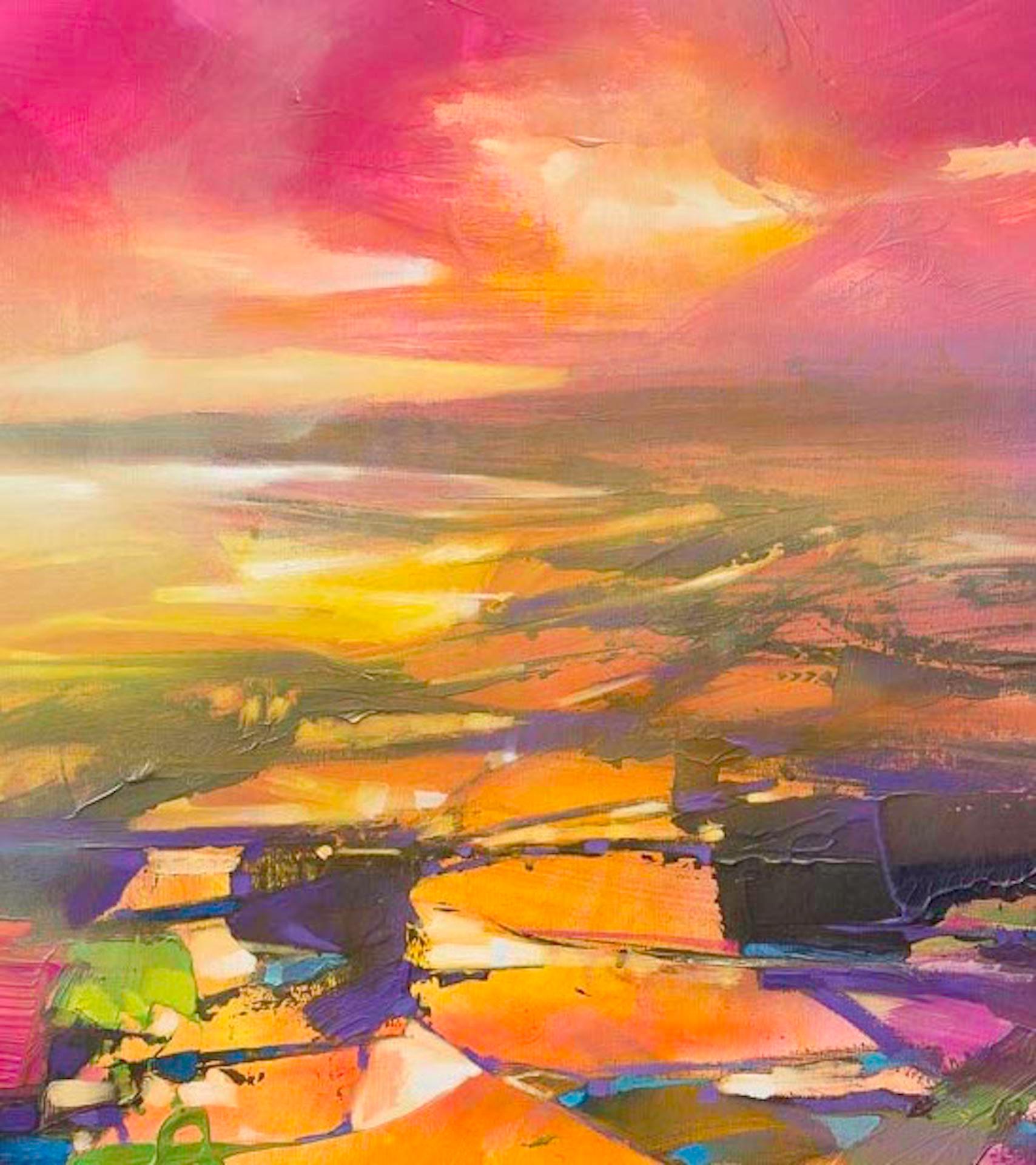 Fragments from Above, original painting colourful contemporary abstract style - Pink Abstract Painting by Scott Naismith