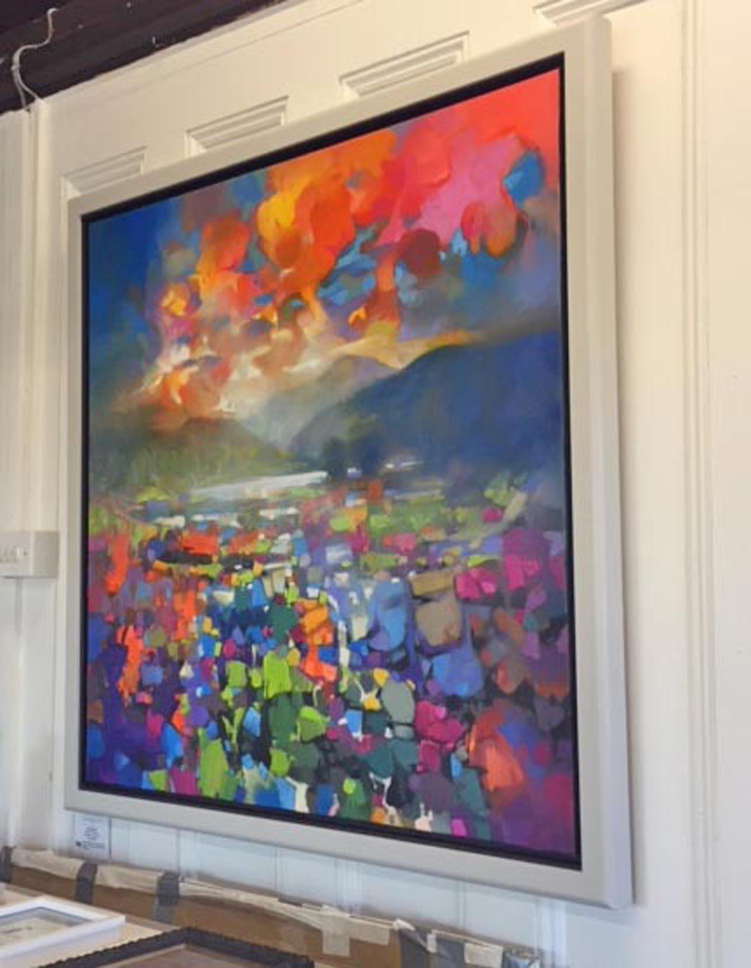 Highland Resonance by Scottish artist Scott Naismith. Framed and ready to hang .

This large mixed media painting including oil, acrylic and spray paint on a linen canvas features a vibrant and colourful depiction of an abstracted version of the