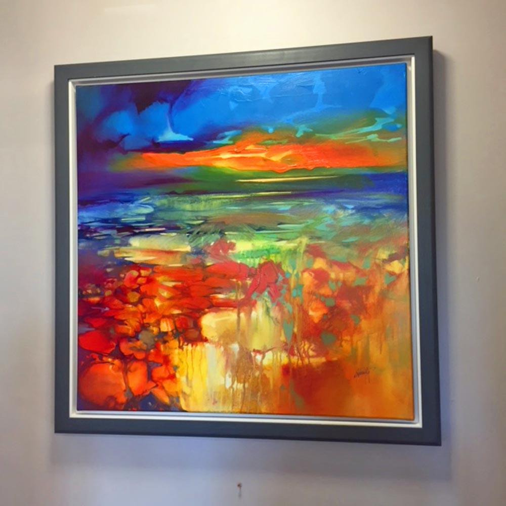 Scott Naismith’s painting Moulded by Water is an original painting that has been created using oil and spray paint on linen canvas. Scott Naismith usually paints bright and vibrant abstract paintings of the Scottish Landscape, which is what this