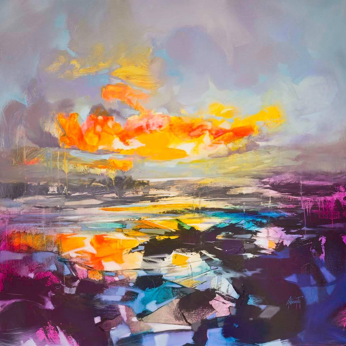 Scott Naismith Landscape Painting - Rocks and Reflections, brightly coloured abstract landscape, oil and spray paint